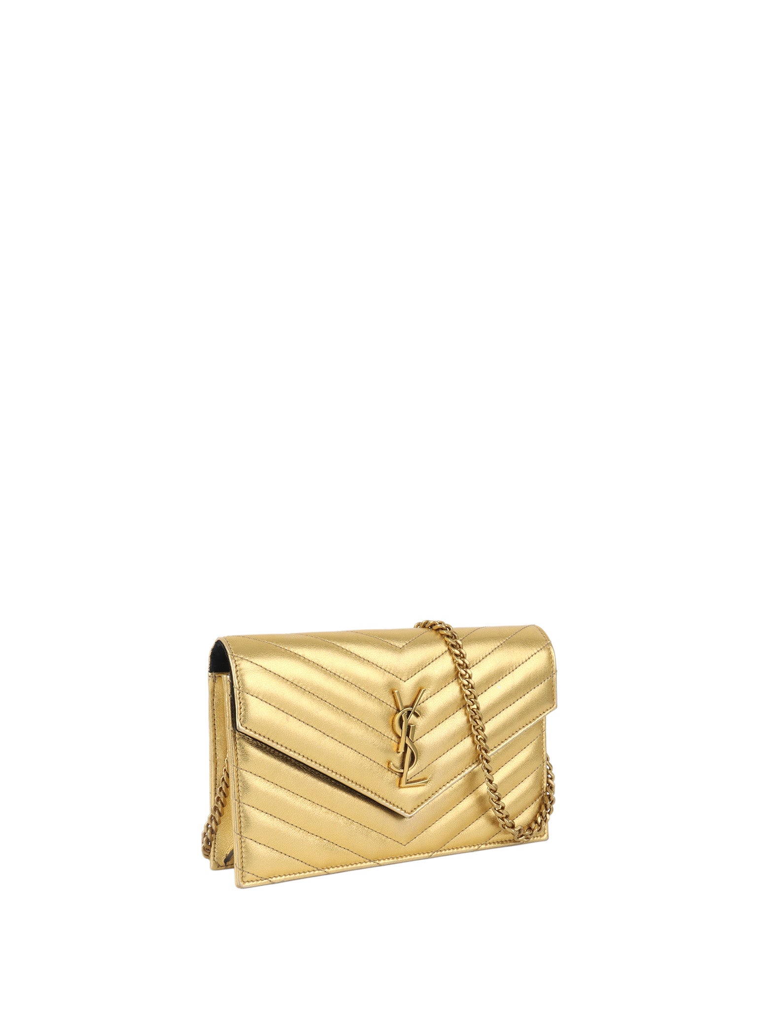 Saint Laurent Cassandra Matelasse Gold Envelope Chain Wallet.