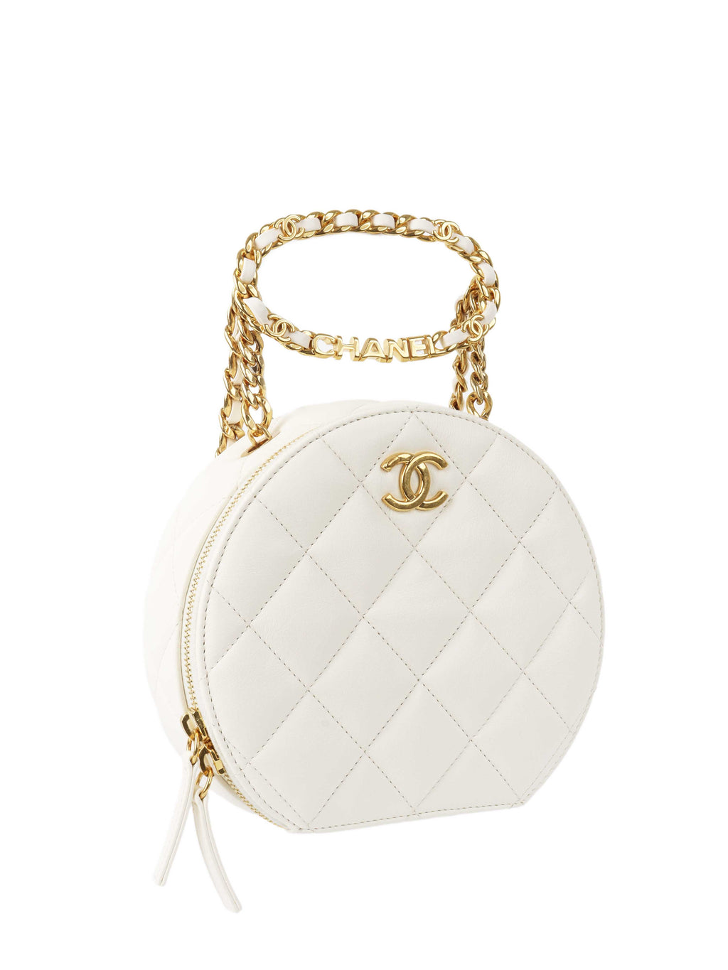 Chanel White Round Vanity with Chain Ring Handle.