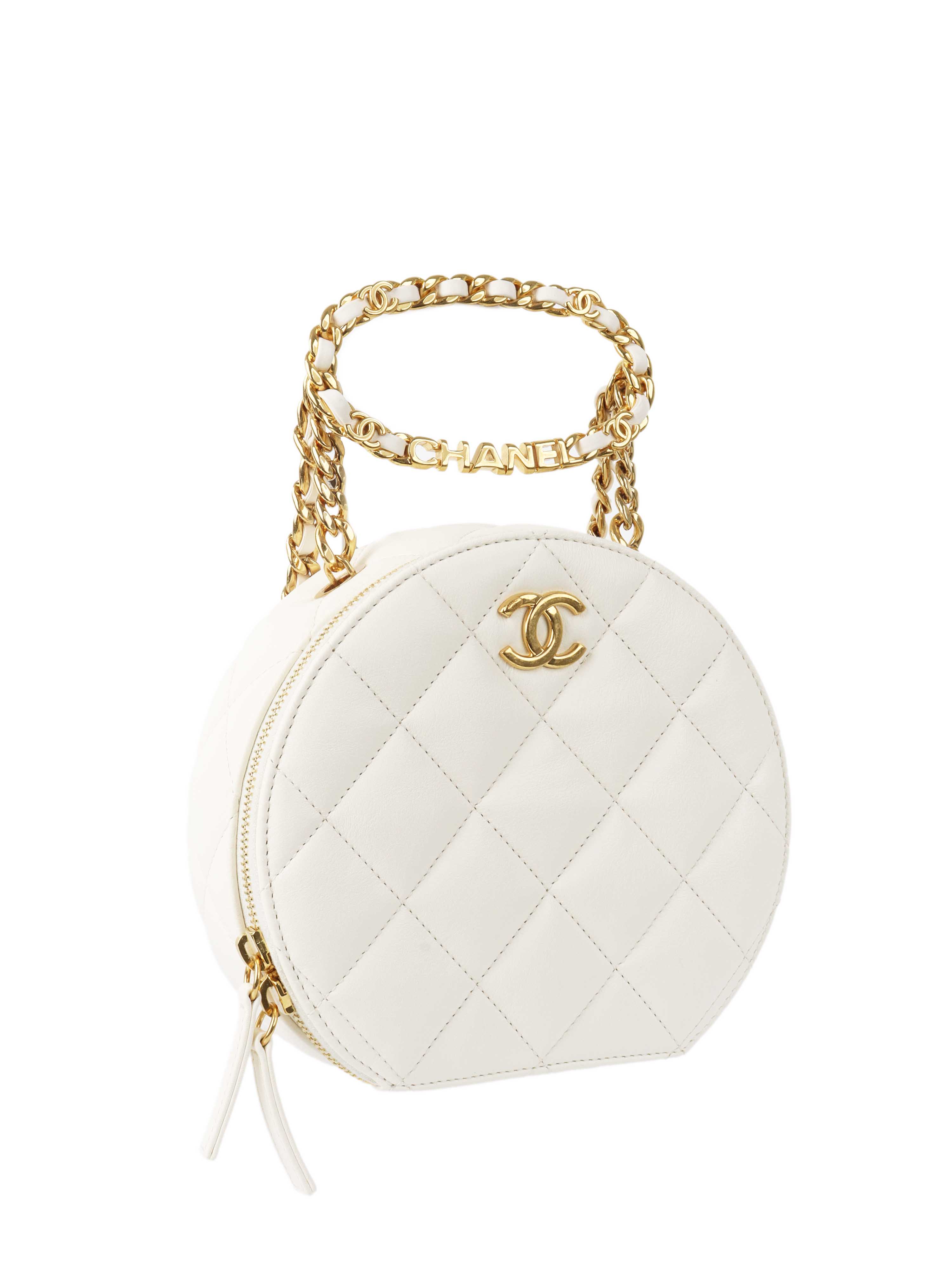 Chanel White Round Vanity with Chain Ring Handle.