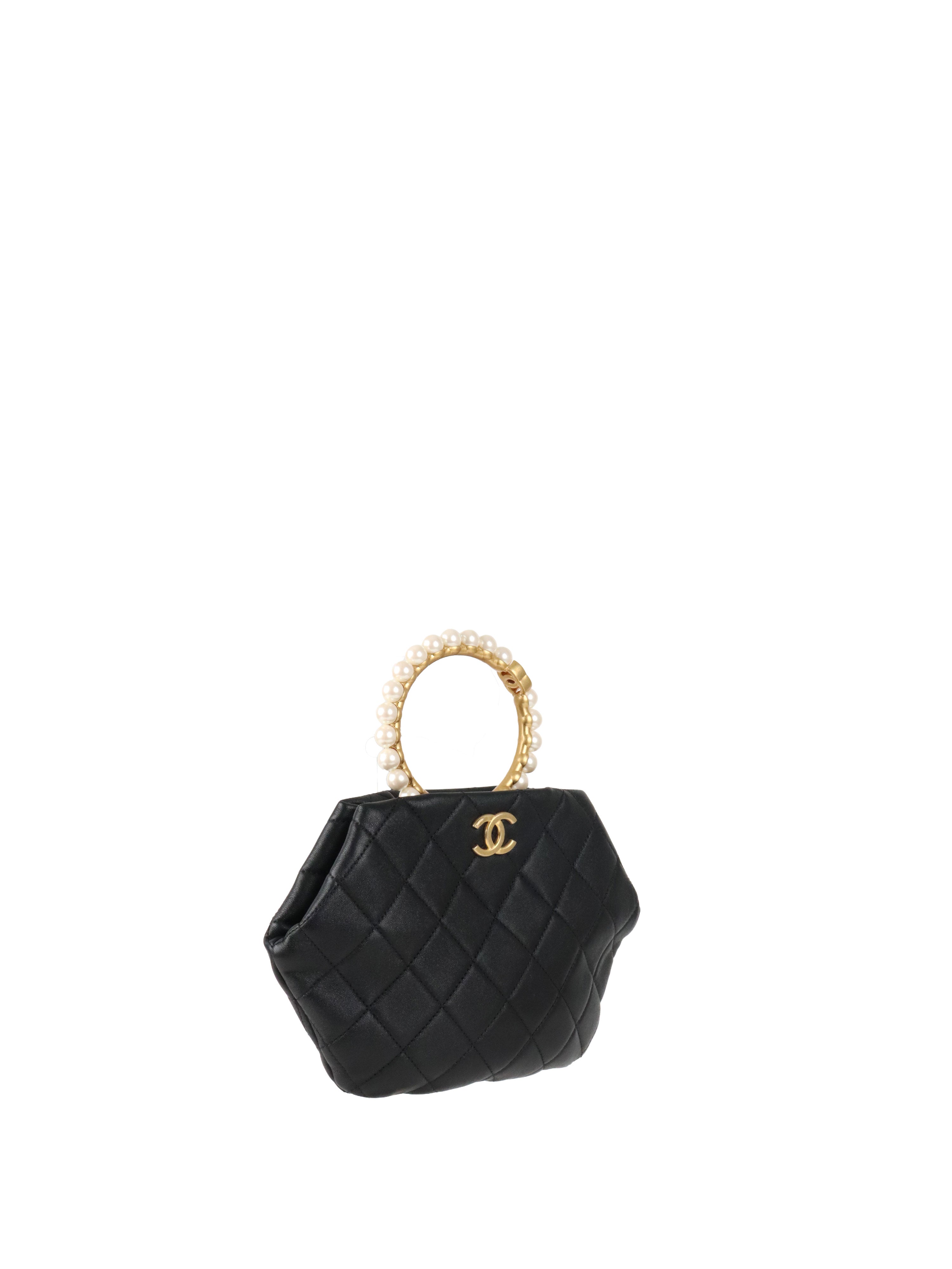 Chanel Black Lambskin with Pearl Crown Top Handle Clutch