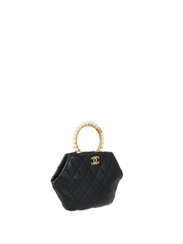 Chanel Black Lambskin with Pearl Crown Top Handle Clutch