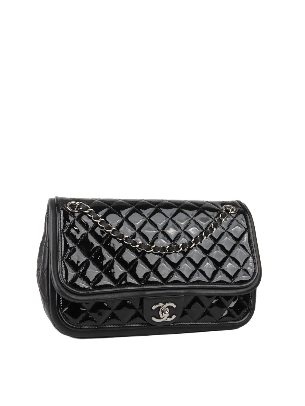 Chanel Black Patent Quilted Flap Bag SHW.