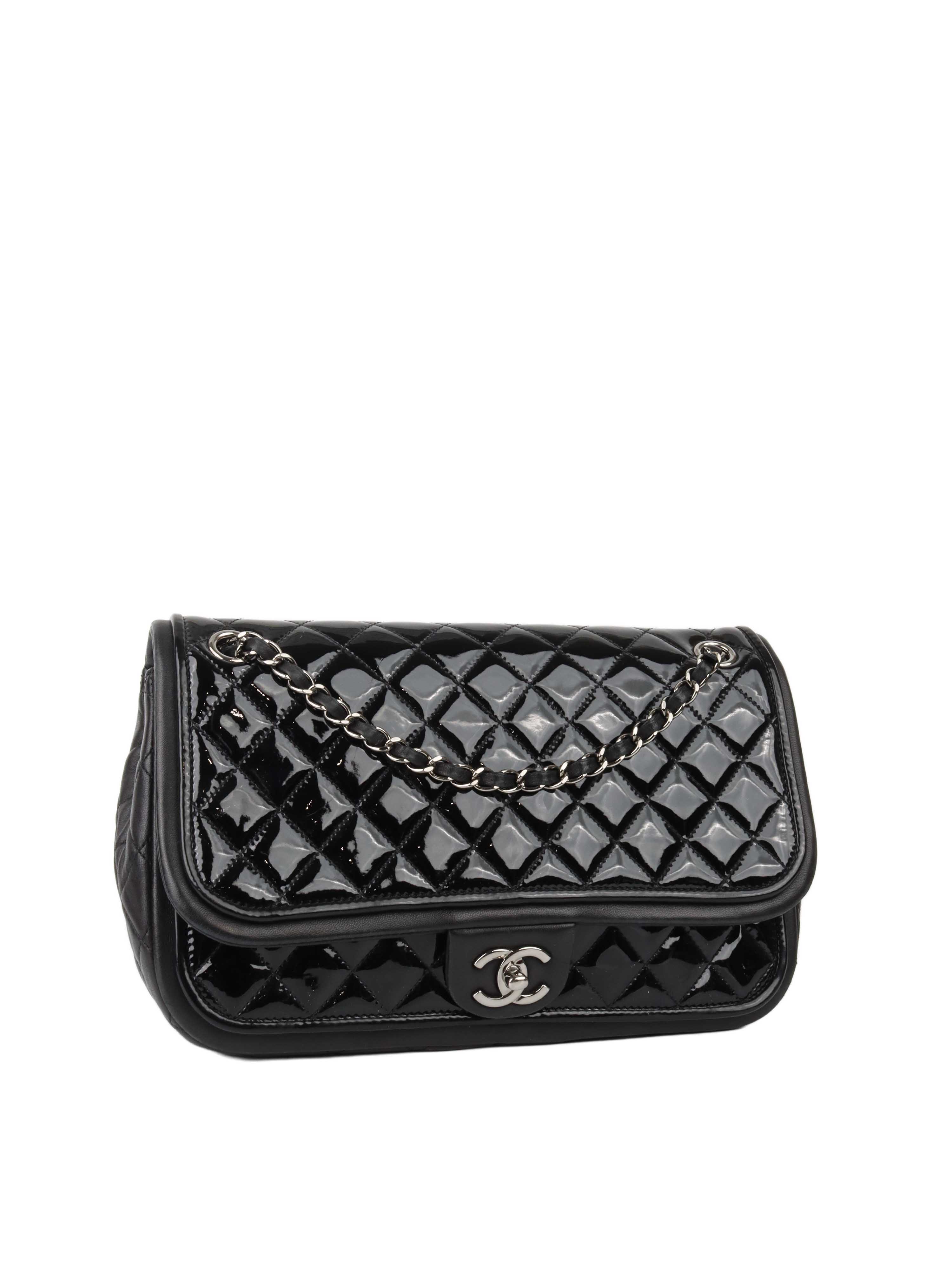 Chanel Black Patent Quilted Flap Bag SHW.