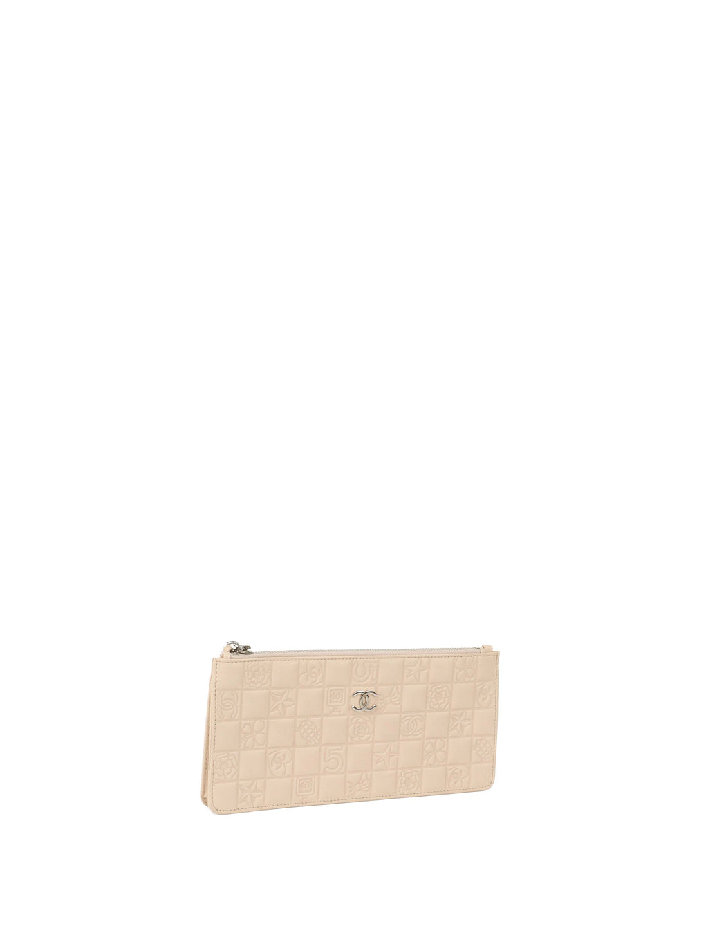 Chanel Beige Lucky Embossed Symbols Pochette with Wristlet Chain.