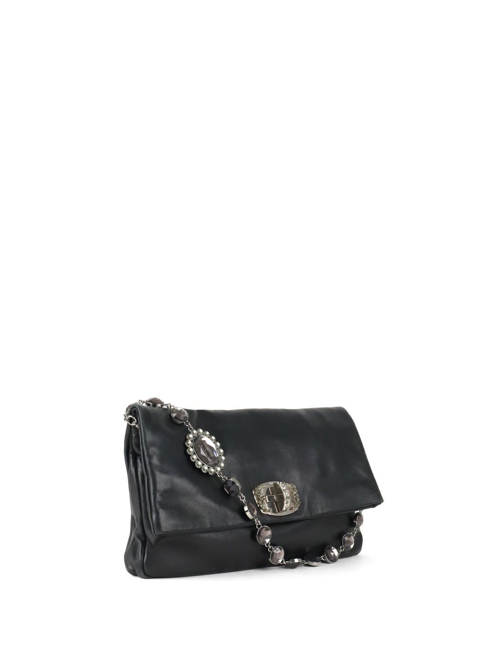 Miu Miu Black Smooth Leather with Crystal Strap Bag