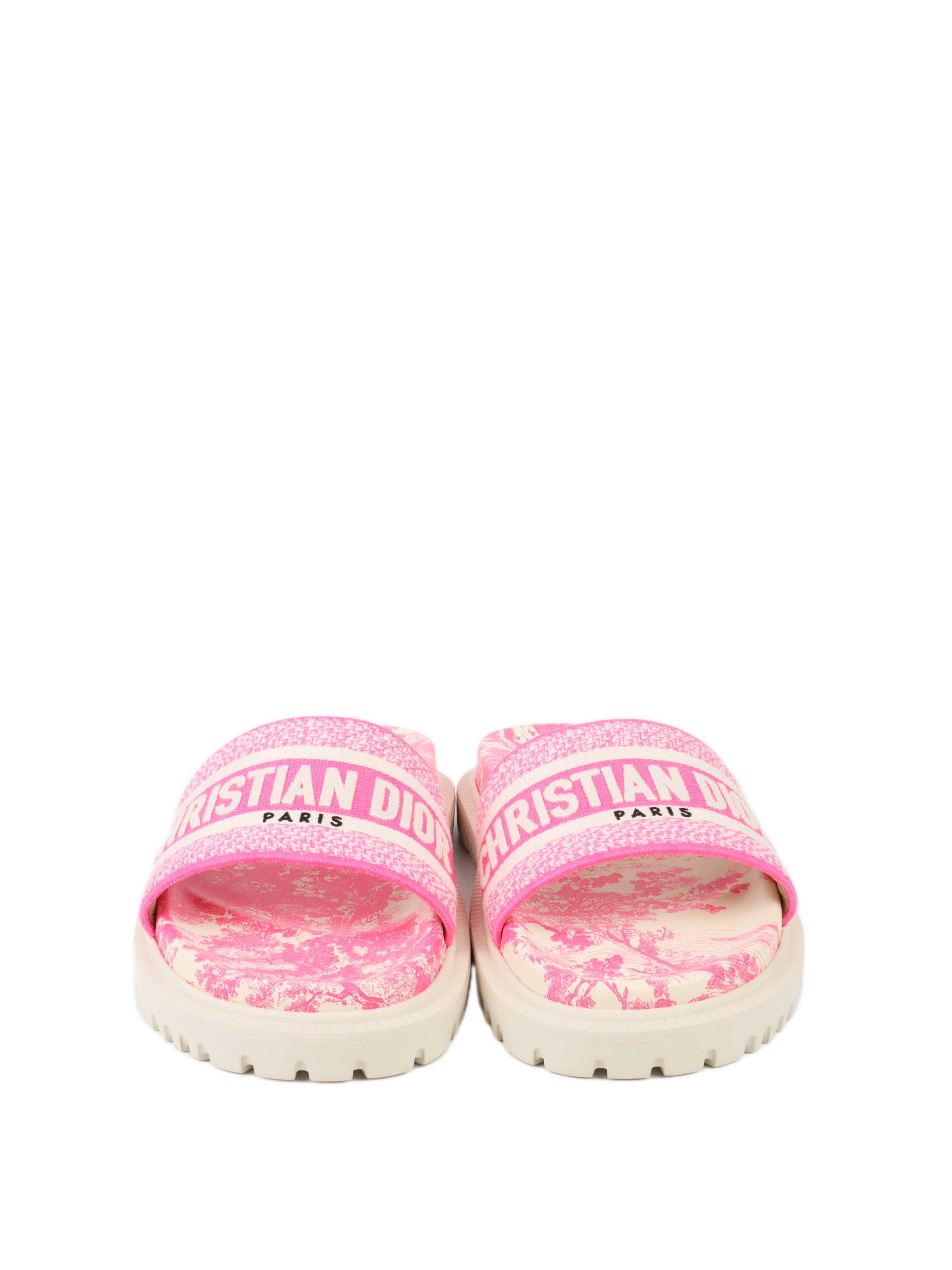 Dior Dway Rubber Slides in White & Fluro Pink.