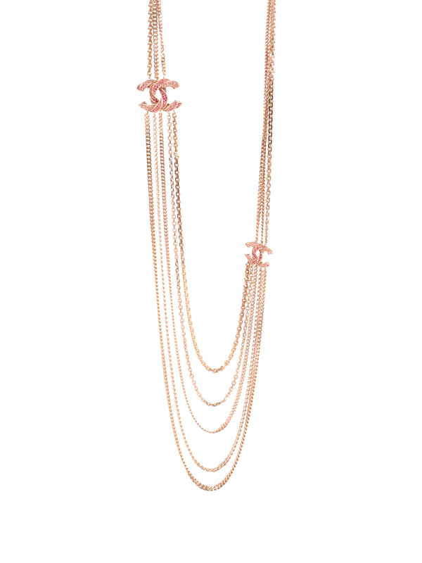 Chanel B16C CC Rose Gold Pink Crystal Long Chain Necklace