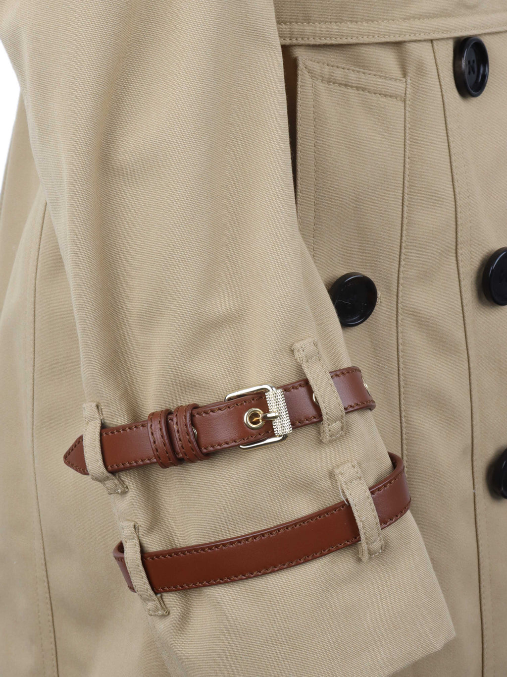 Burberry Tan Trench Coat with Leather Sleeve Straps.