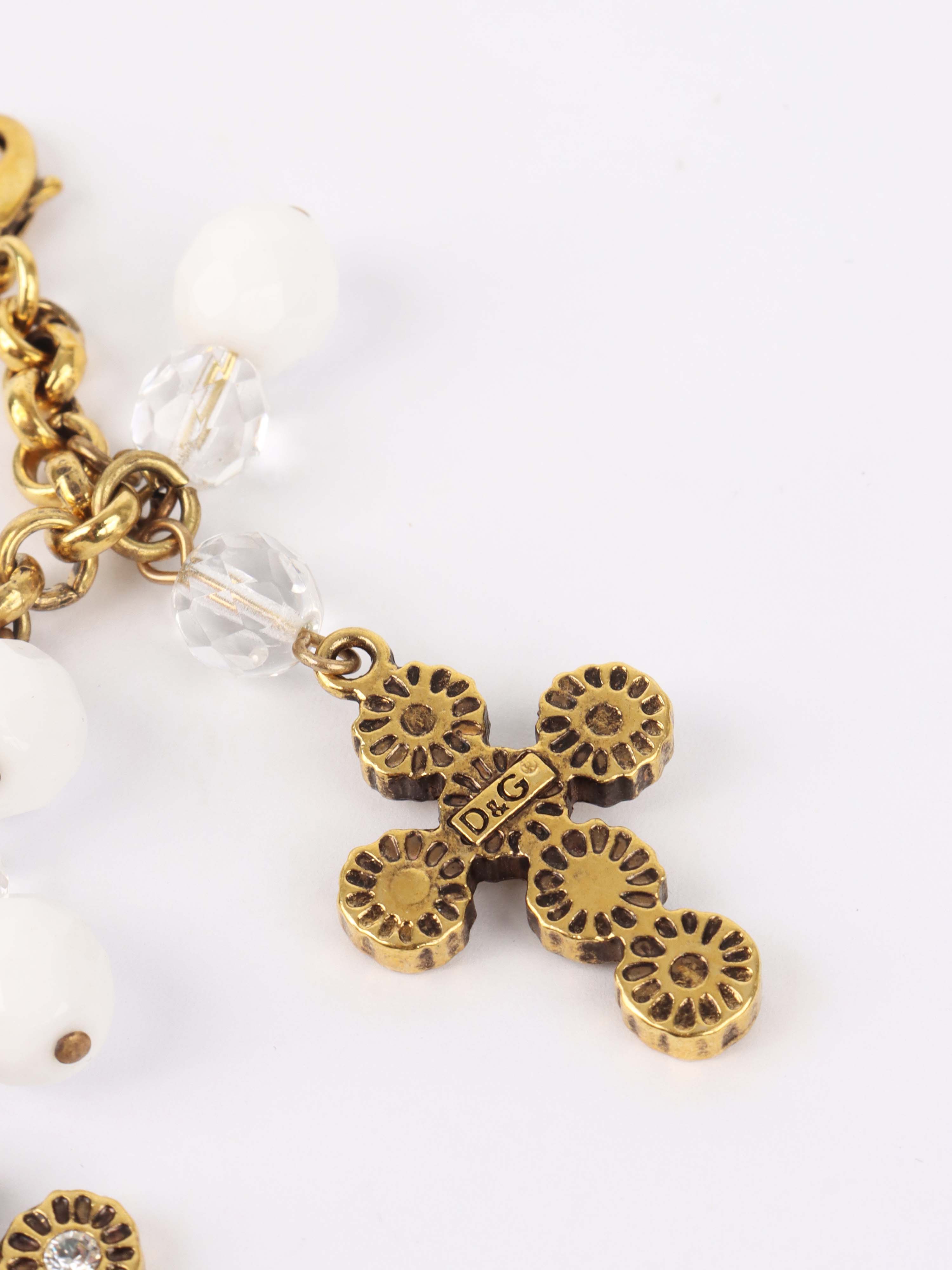 Dolce & Gabbana Rare Vintage Gold Metal with Baroque Crosses White-beads Set of Bracelet and Earring