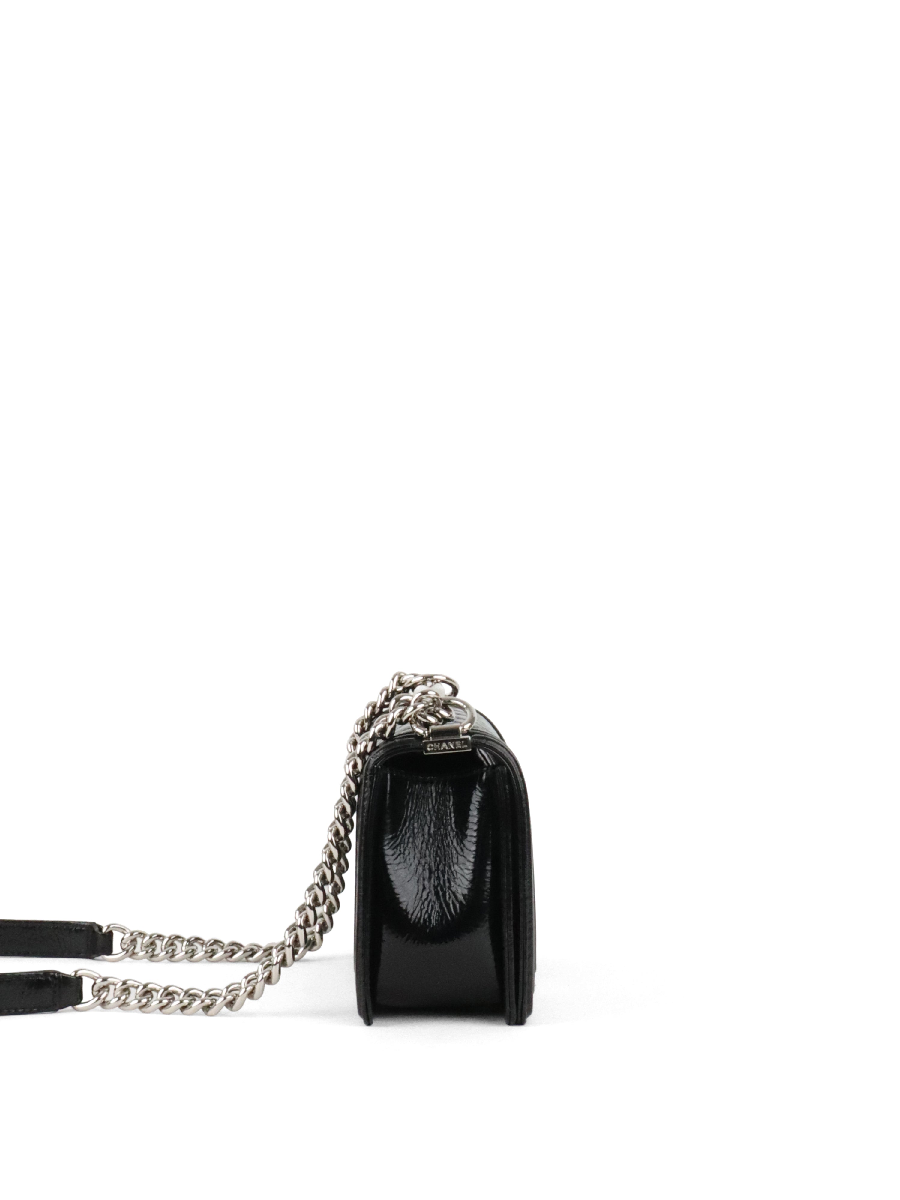 Chanel Black Crinkled Patent with Diamond Quilted Lock Medium Boy Bag