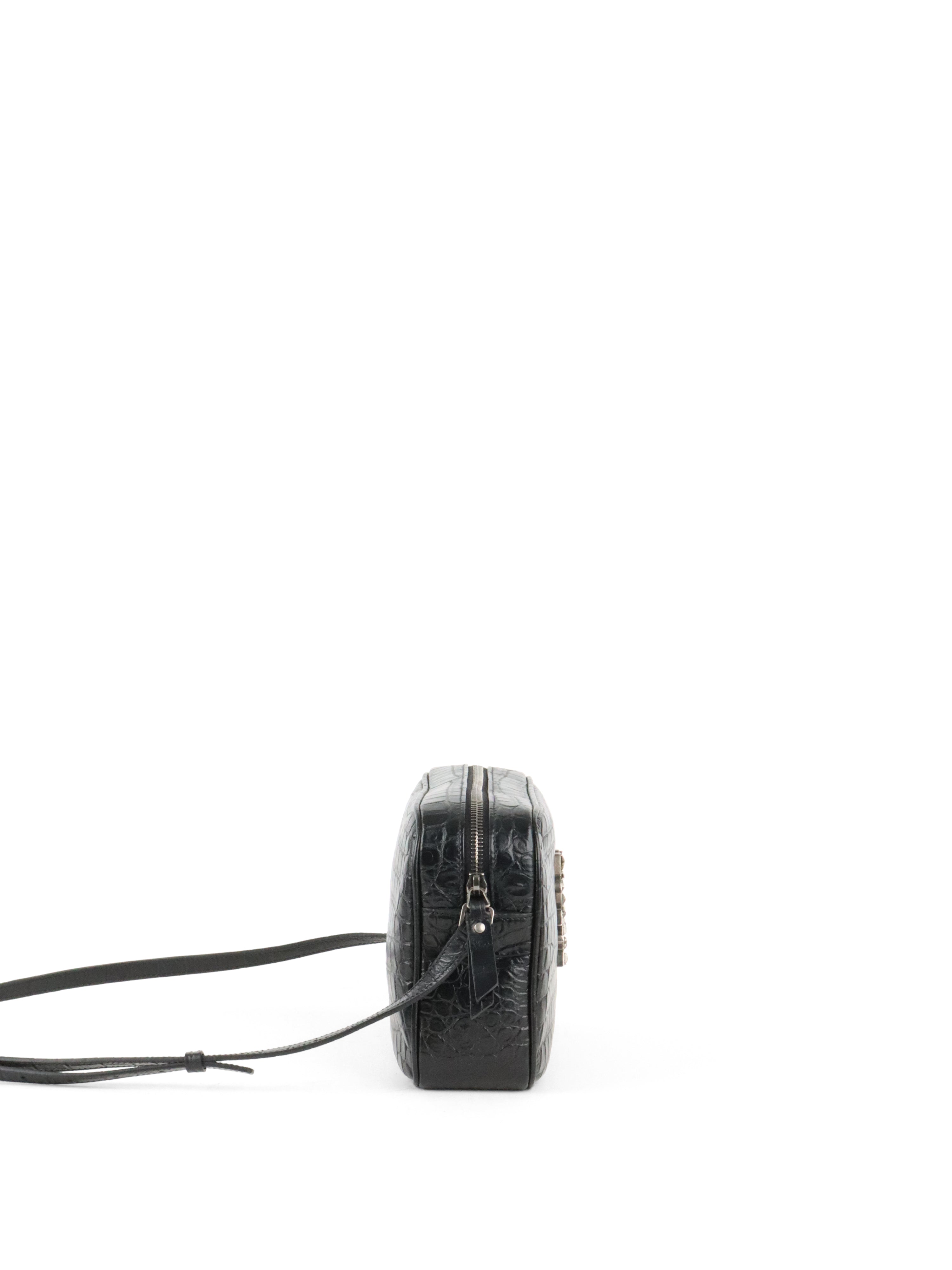 Saint Laurent Black Croc Embossed Camera Lou Bag