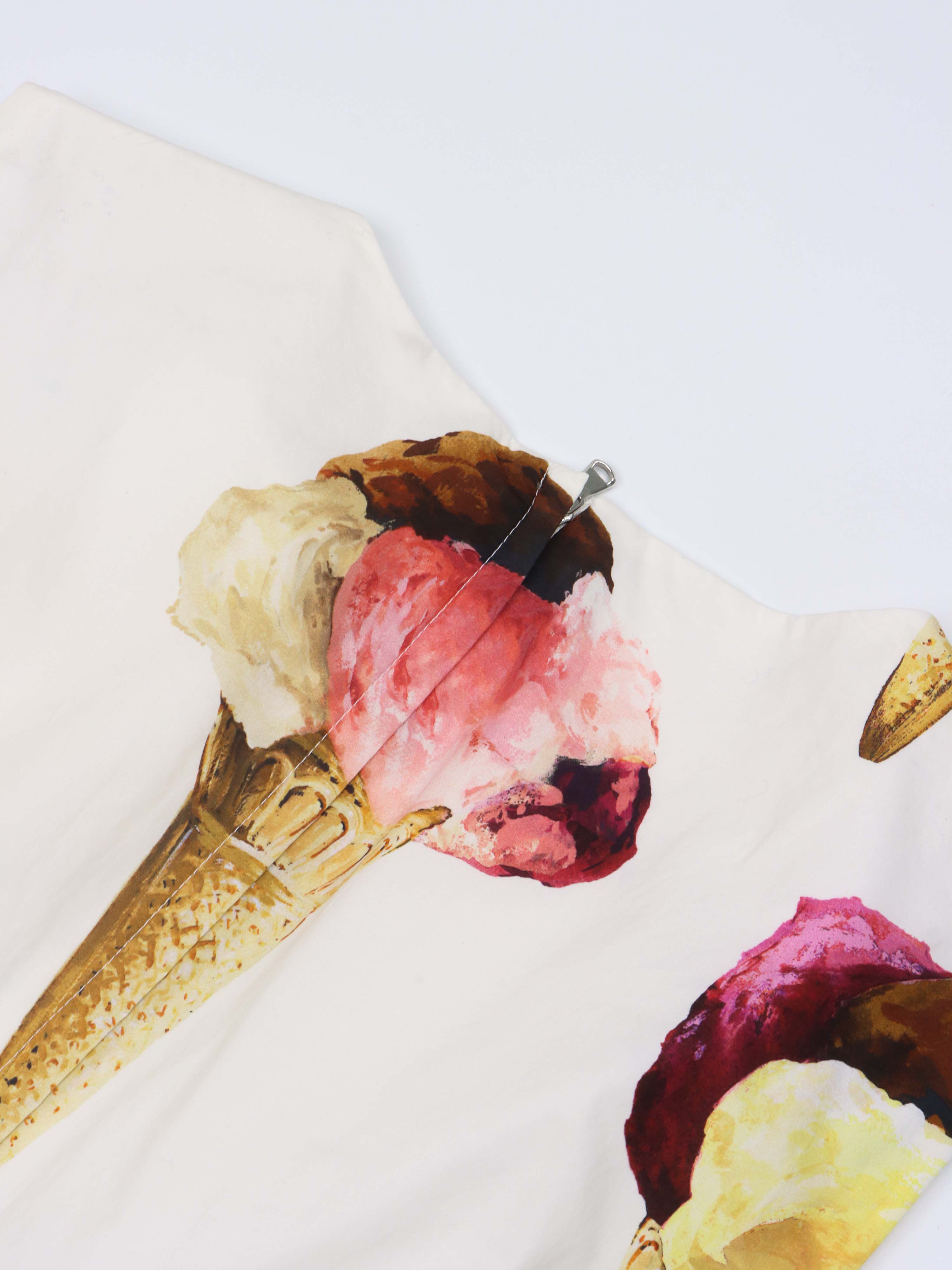 Dolce & Gabbana White Ice Cream Print Cotton Gathered Dress.