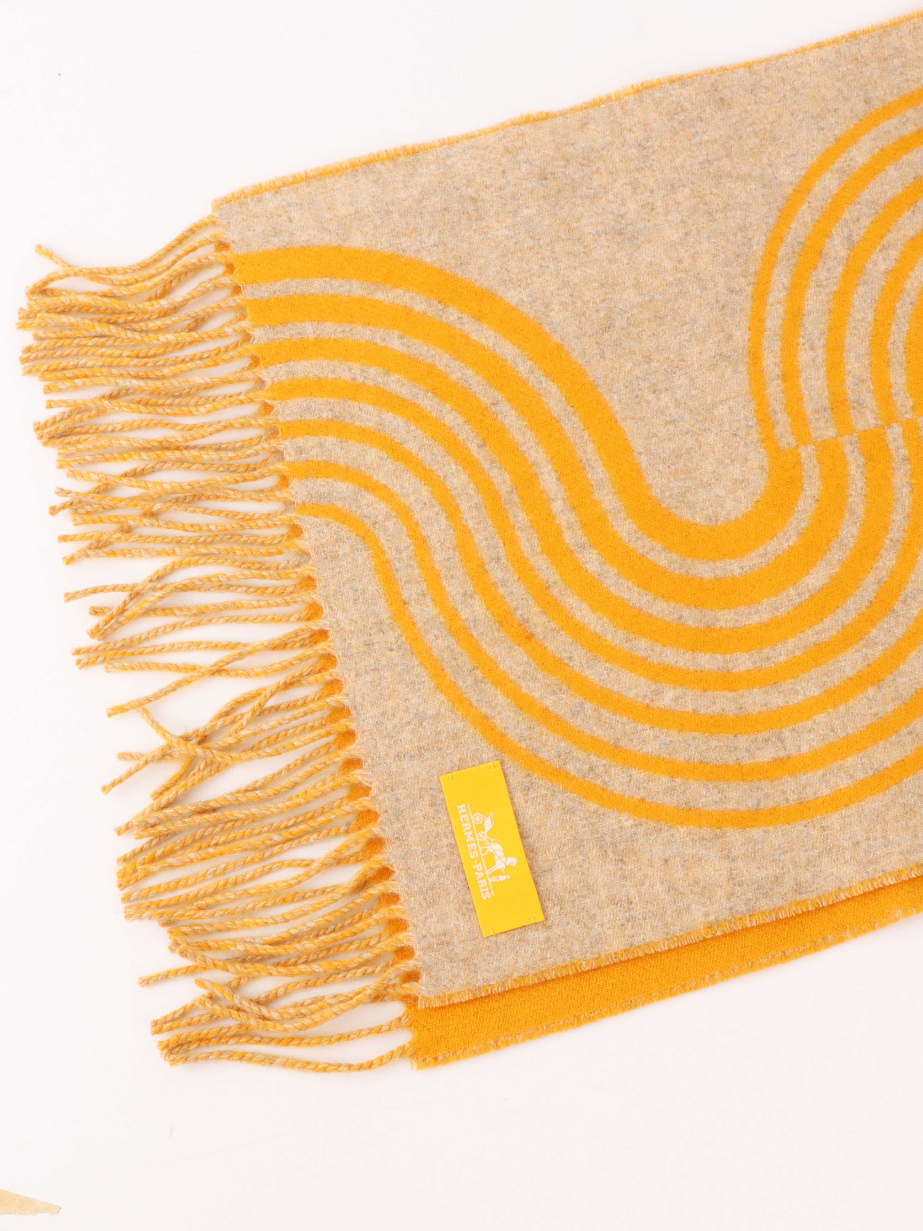 Hermes Yellow & Beige Cashmere Scarf.