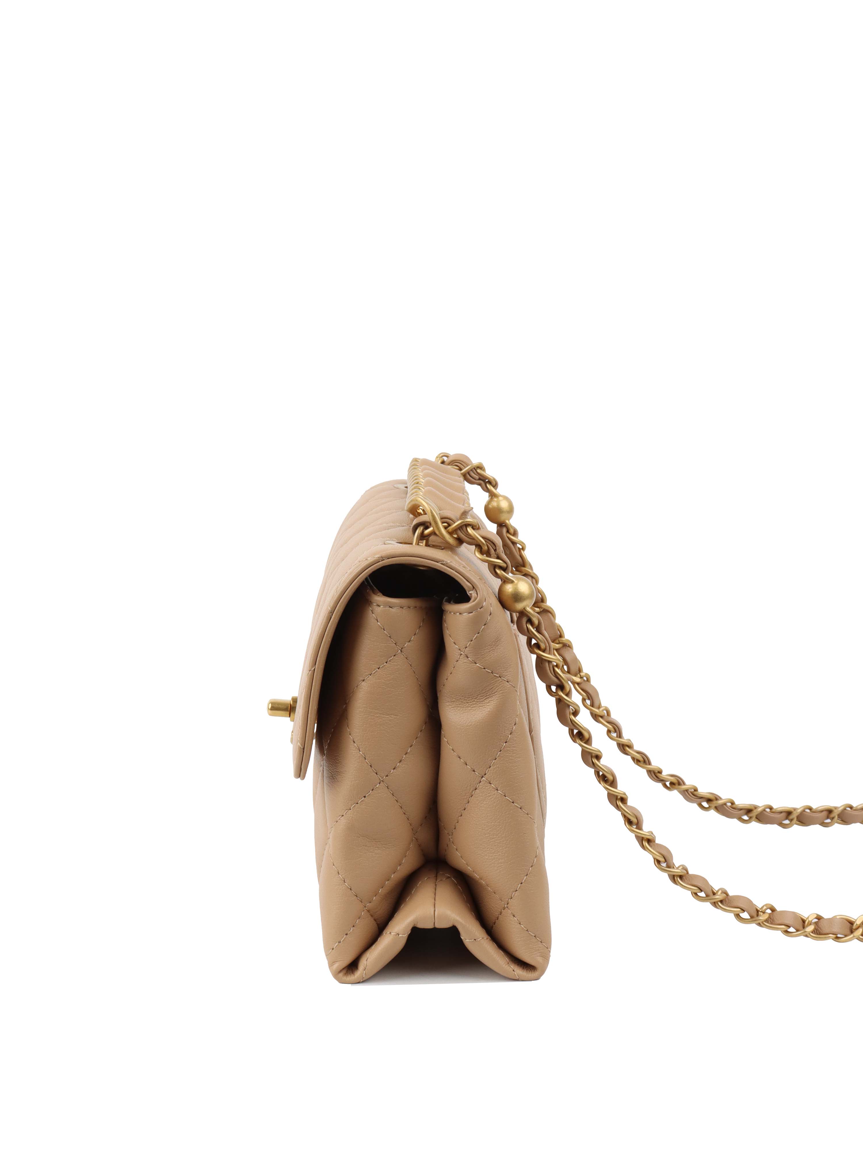 Chanel Beige Woven Chain Link Handle Flap Bag.