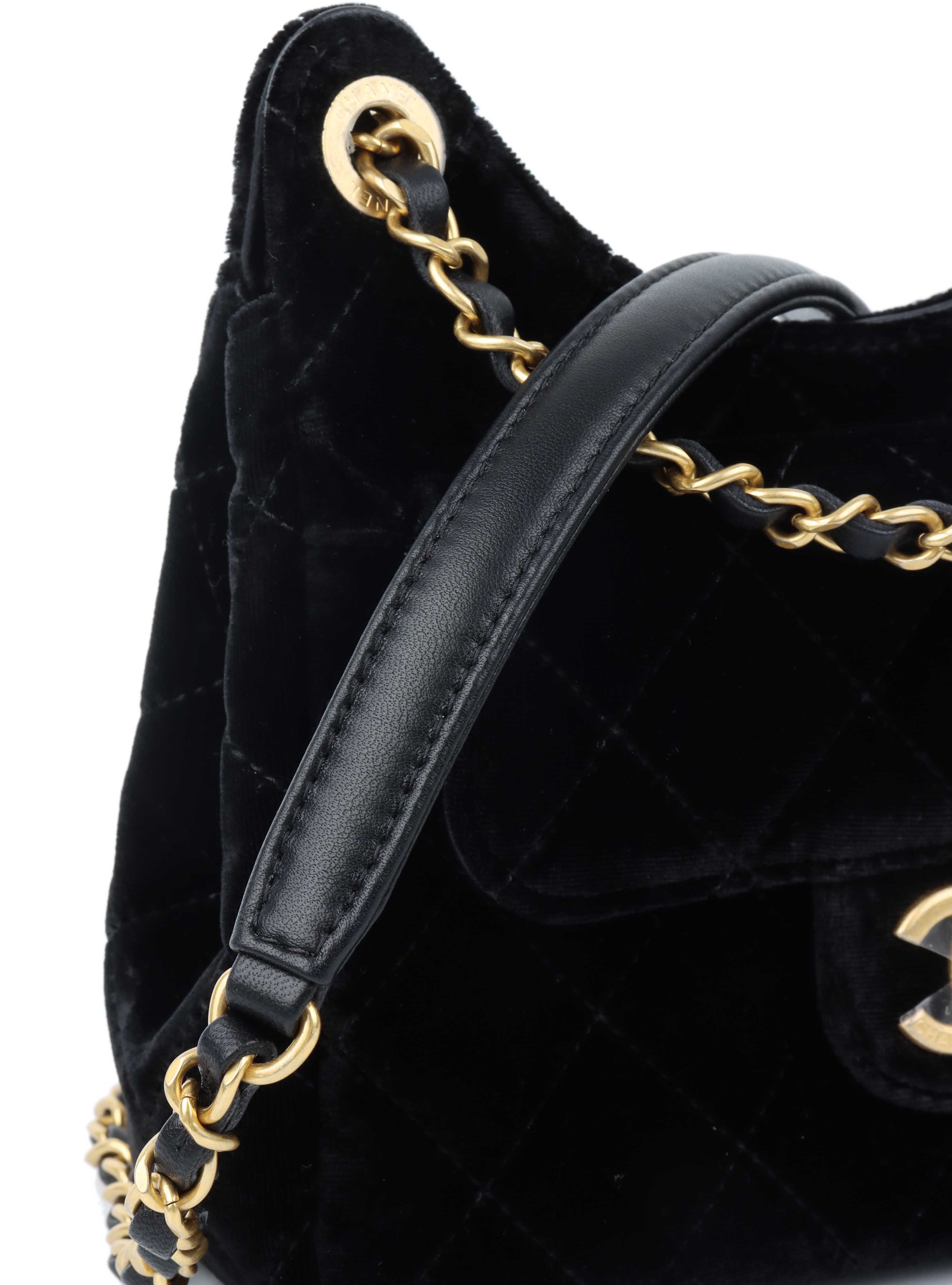 Chanel Black Small Quilted Velvet Wavy CC Hobo Bag.