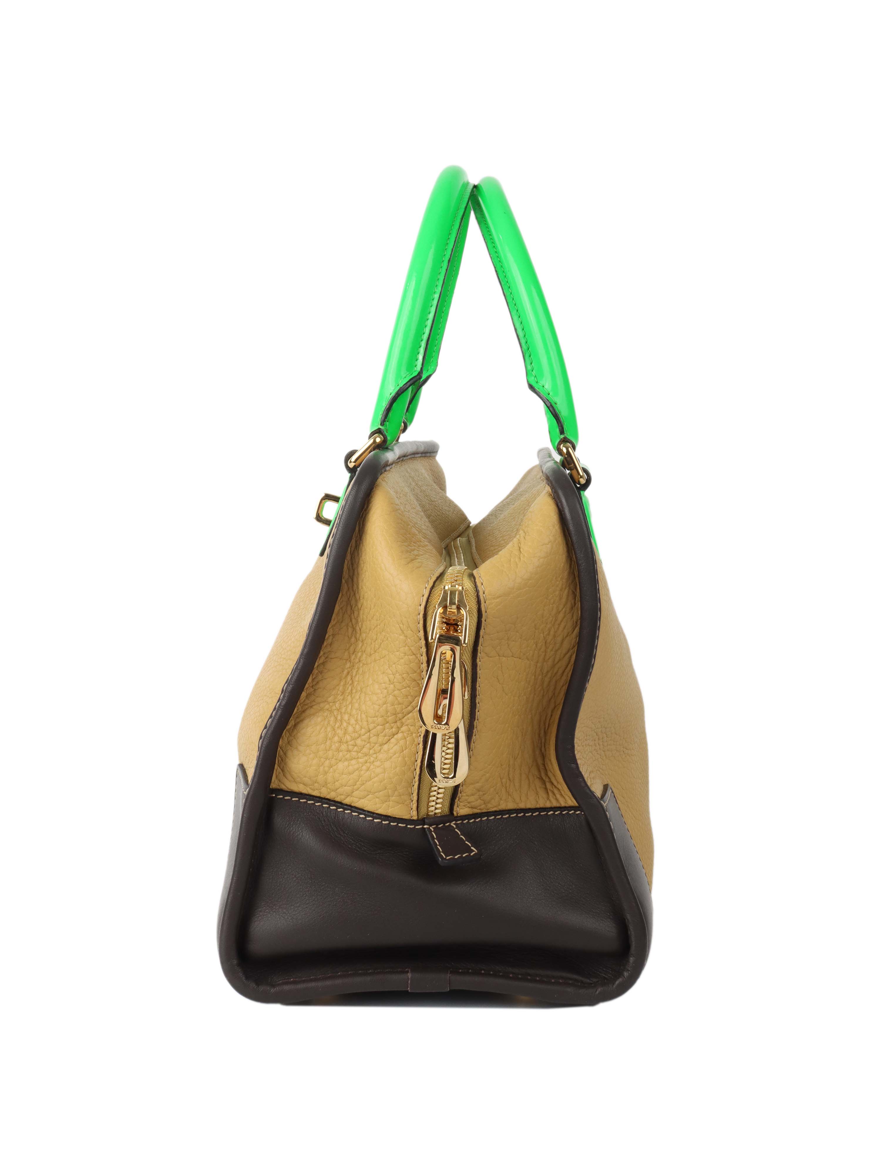Loewe Amazona 36 Brown/beige with Green Top Handle.