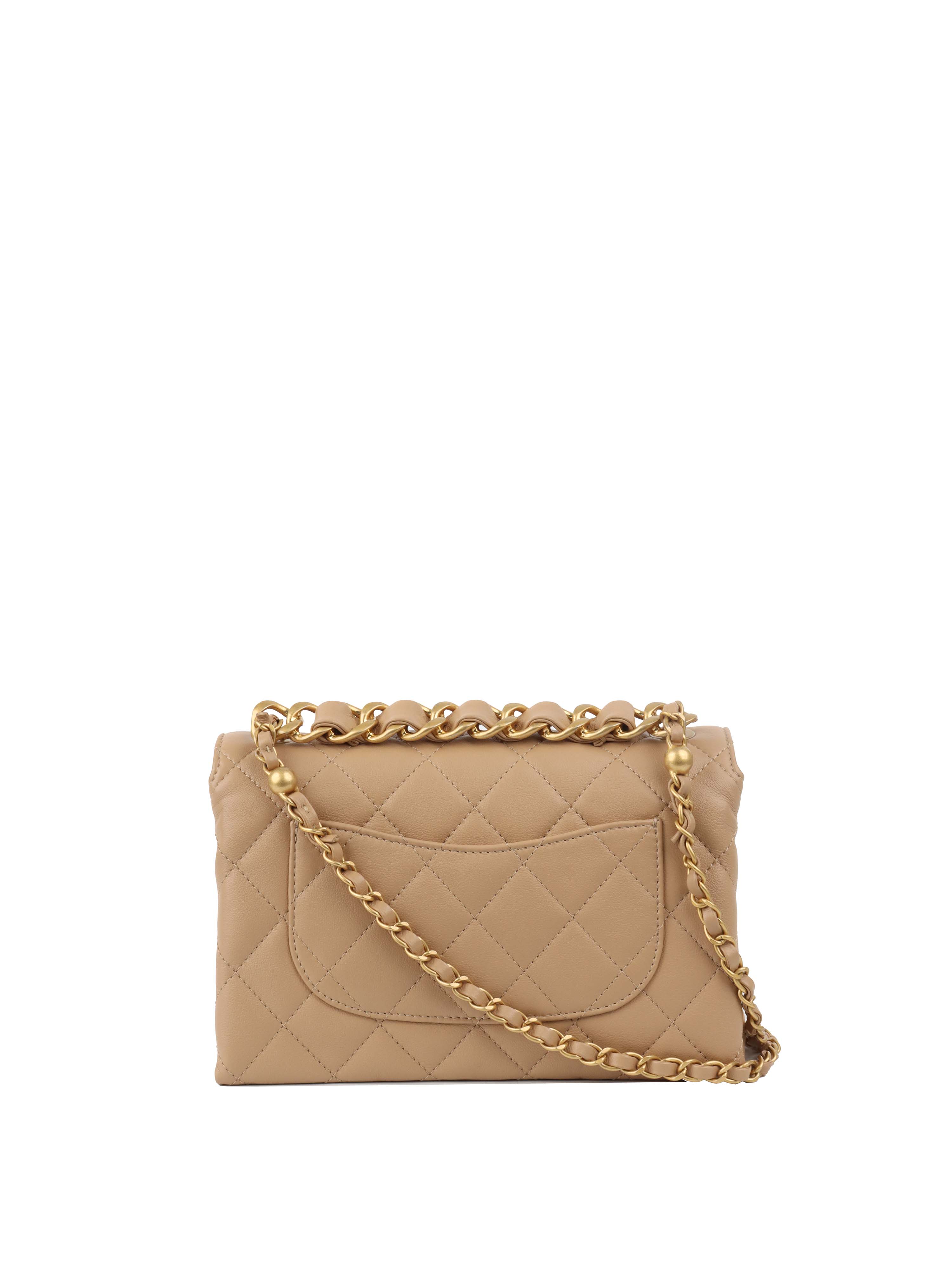 Chanel Beige Woven Chain Link Handle Flap Bag.