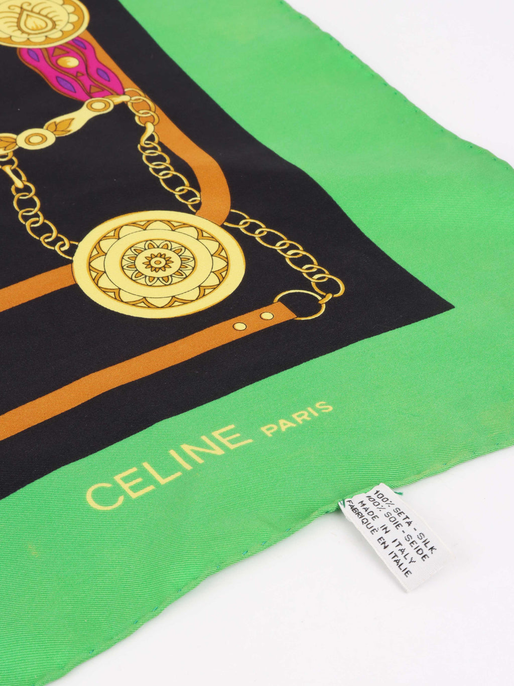 Celine Green & Belt Motif Silk Scarf.