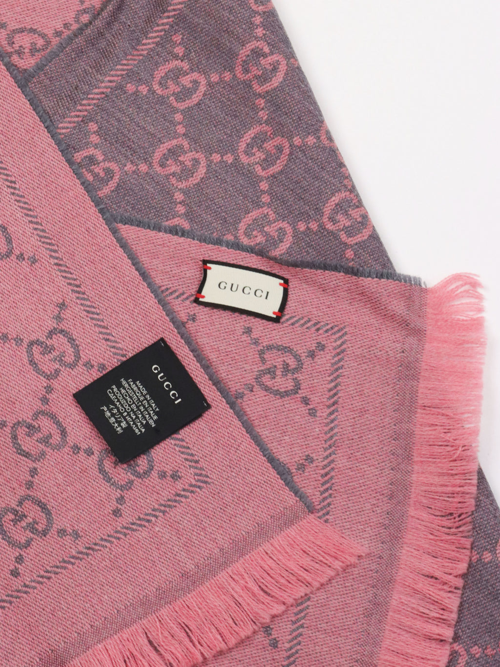 Gucci Grey & Pink GG Supreme Jacquard Scarf.