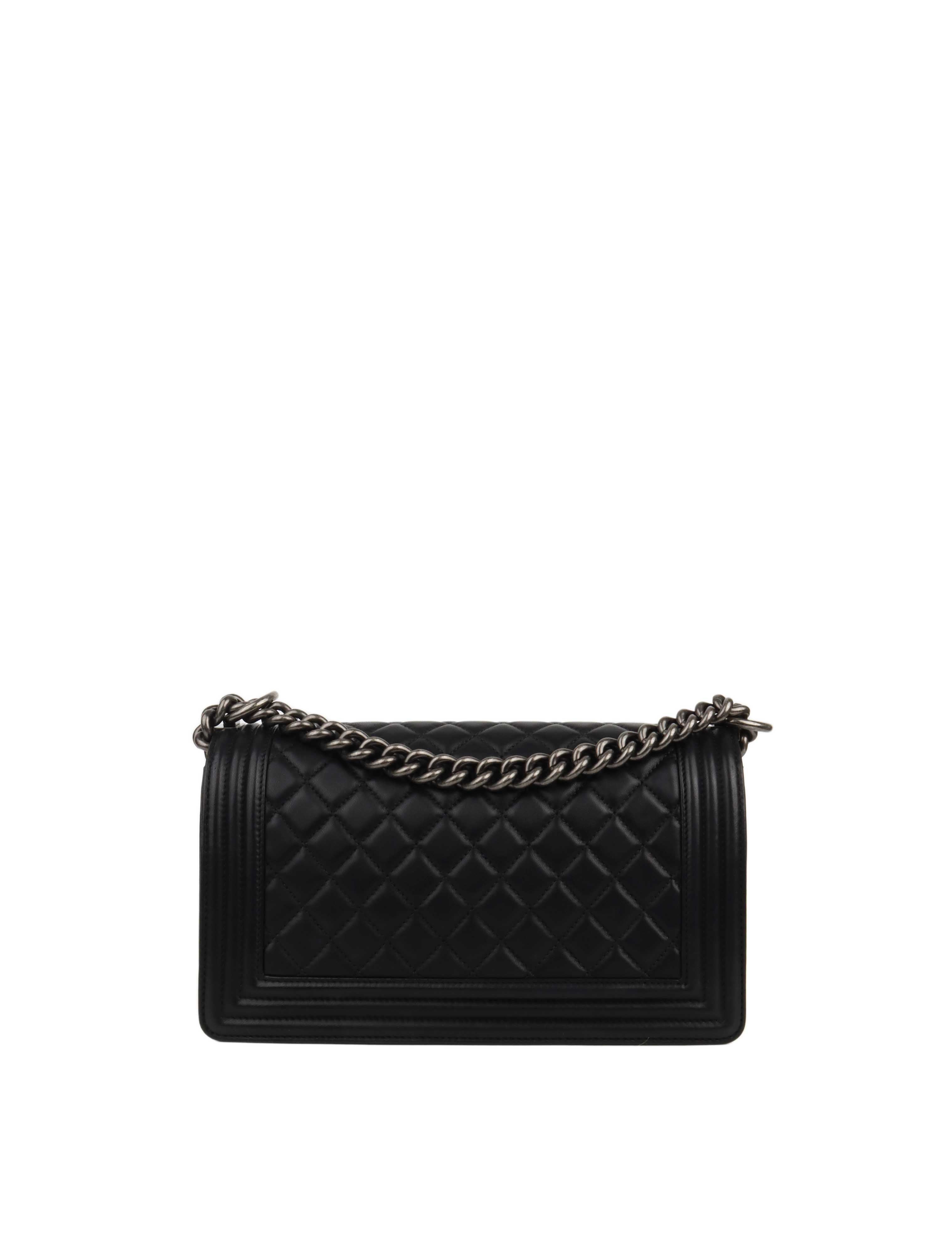 Chanel Black Lambskin Medium Boy Bag Ruthenium Finish Metal Hardware.