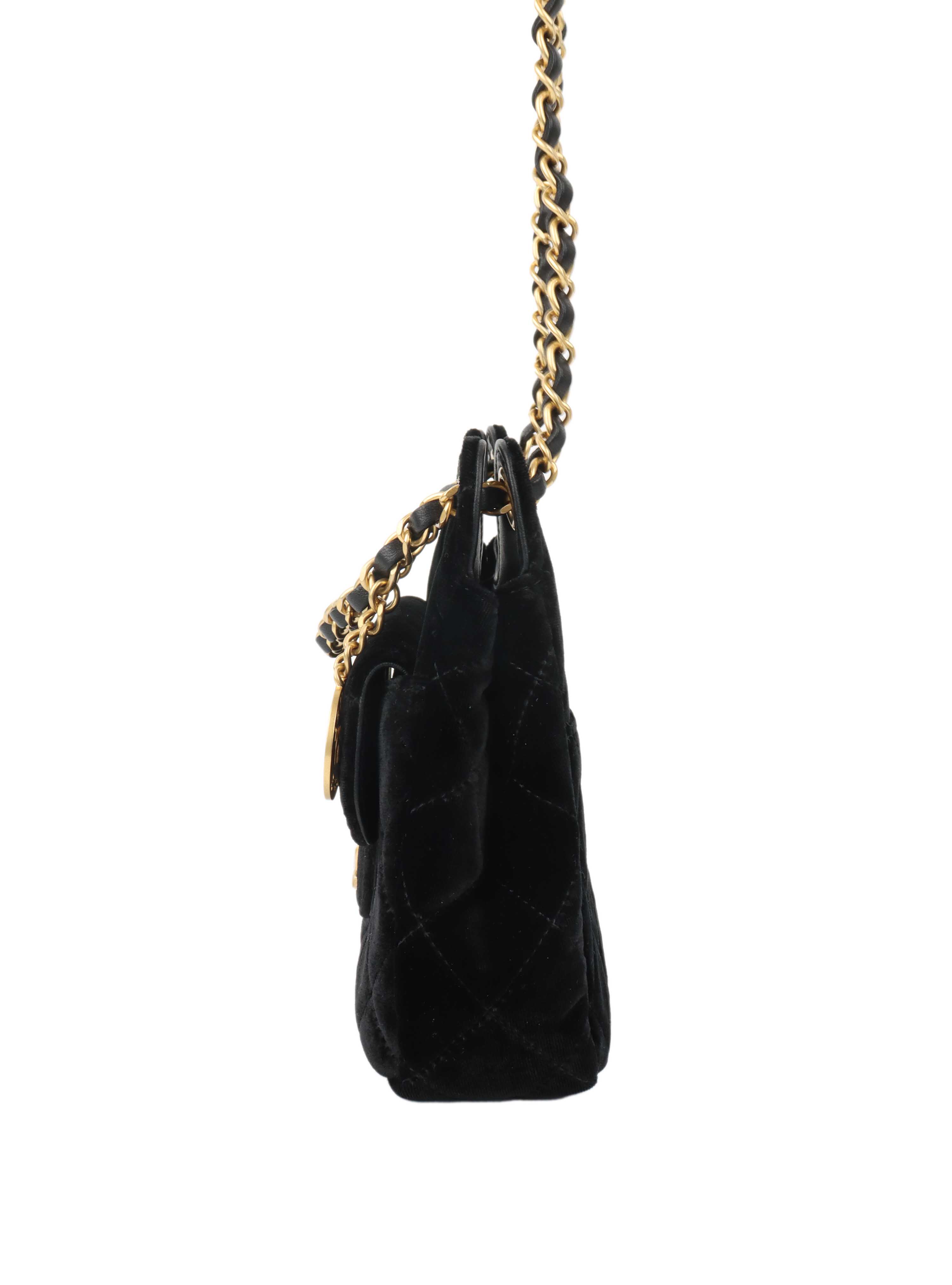 Chanel Black Small Quilted Velvet Wavy CC Hobo Bag.
