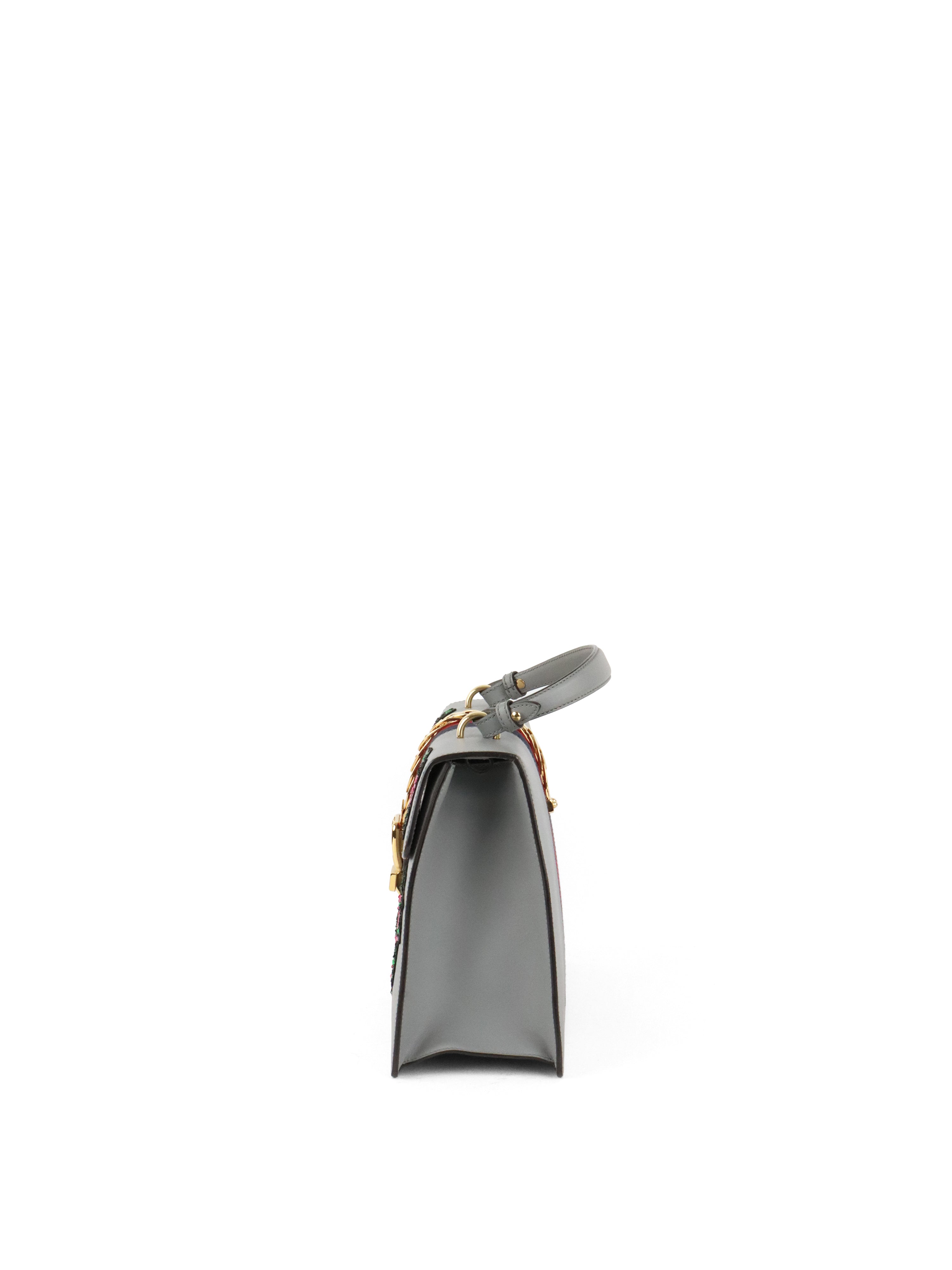 Gucci Medium Grey Floral Sequin Sylvie Top Handle Bag