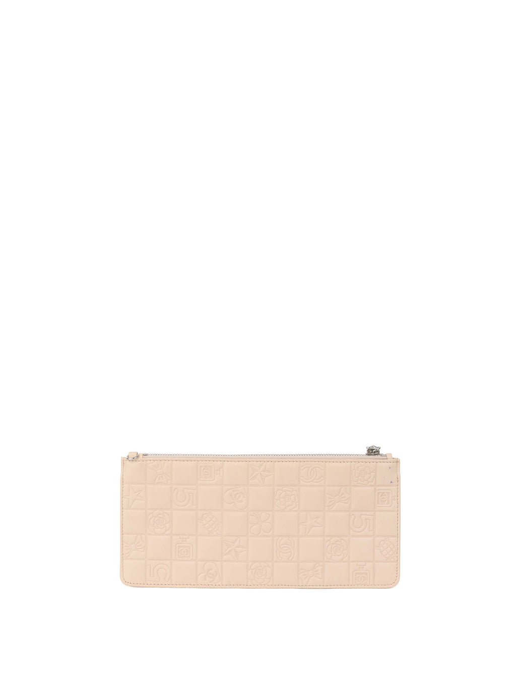 Chanel Beige Lucky Embossed Symbols Pochette with Wristlet Chain.