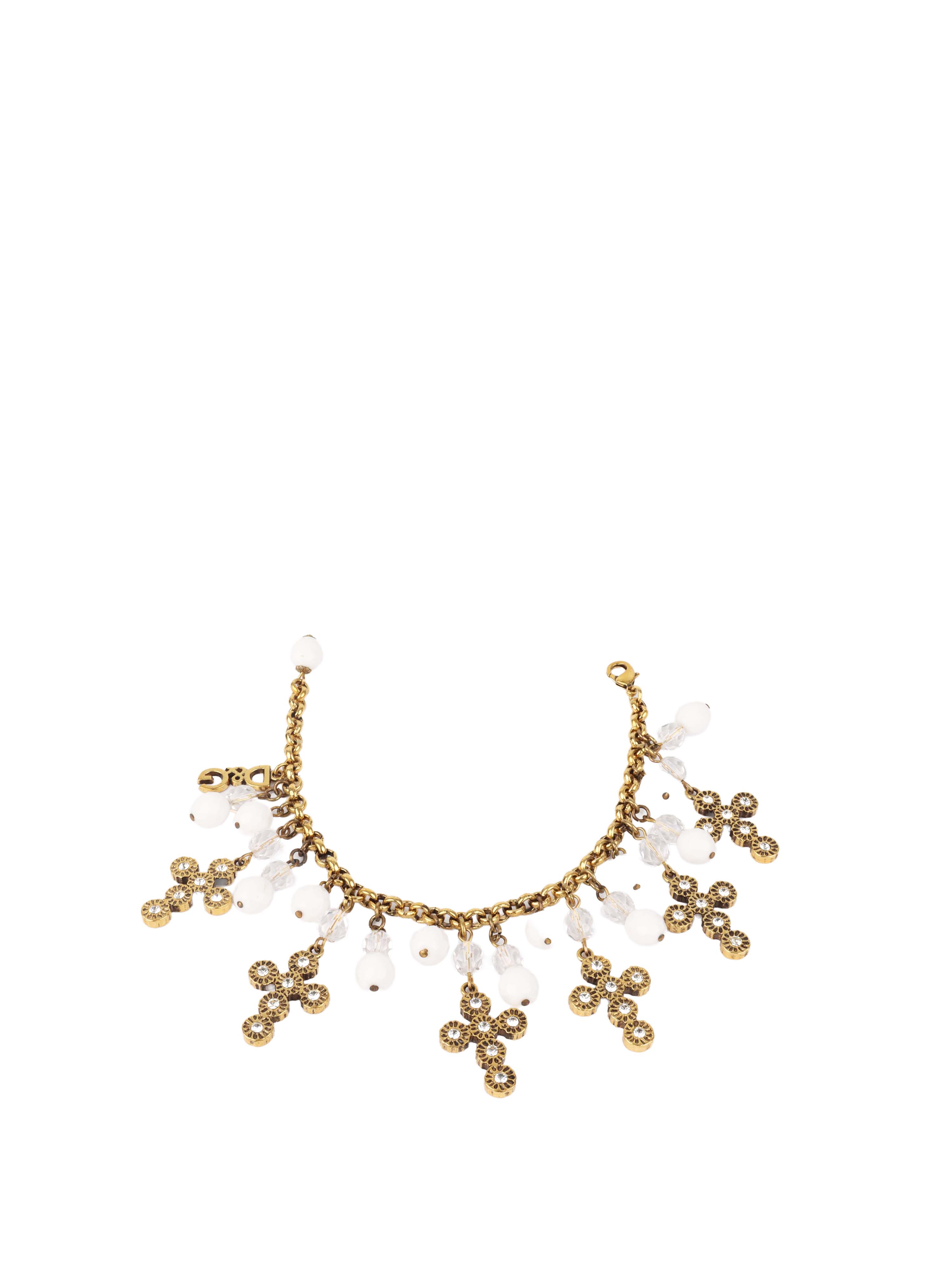 Dolce & Gabbana Rare Vintage Gold Metal with Baroque Crosses White-beads Set of Bracelet and Earring