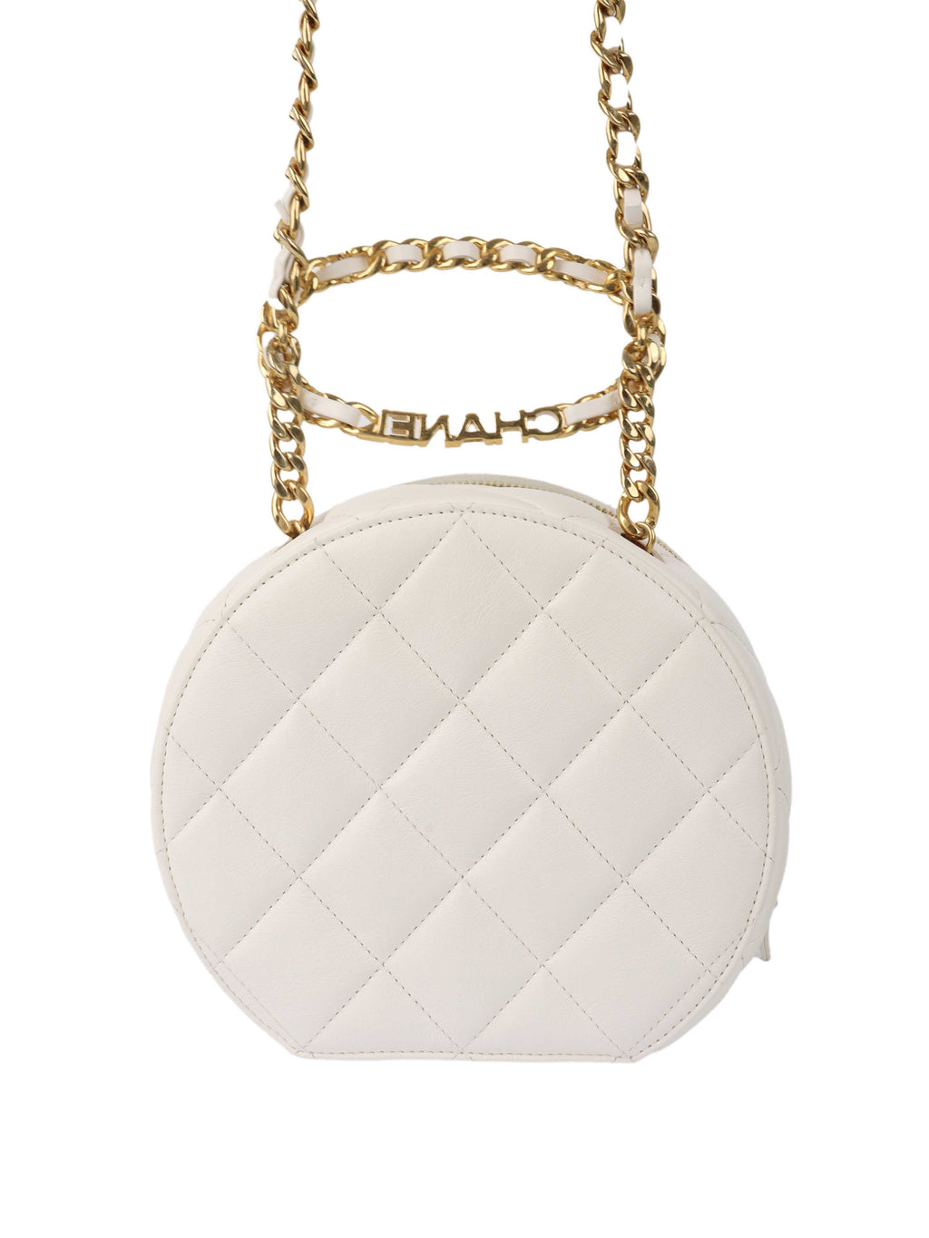 Chanel White Round Vanity with Chain Ring Handle.