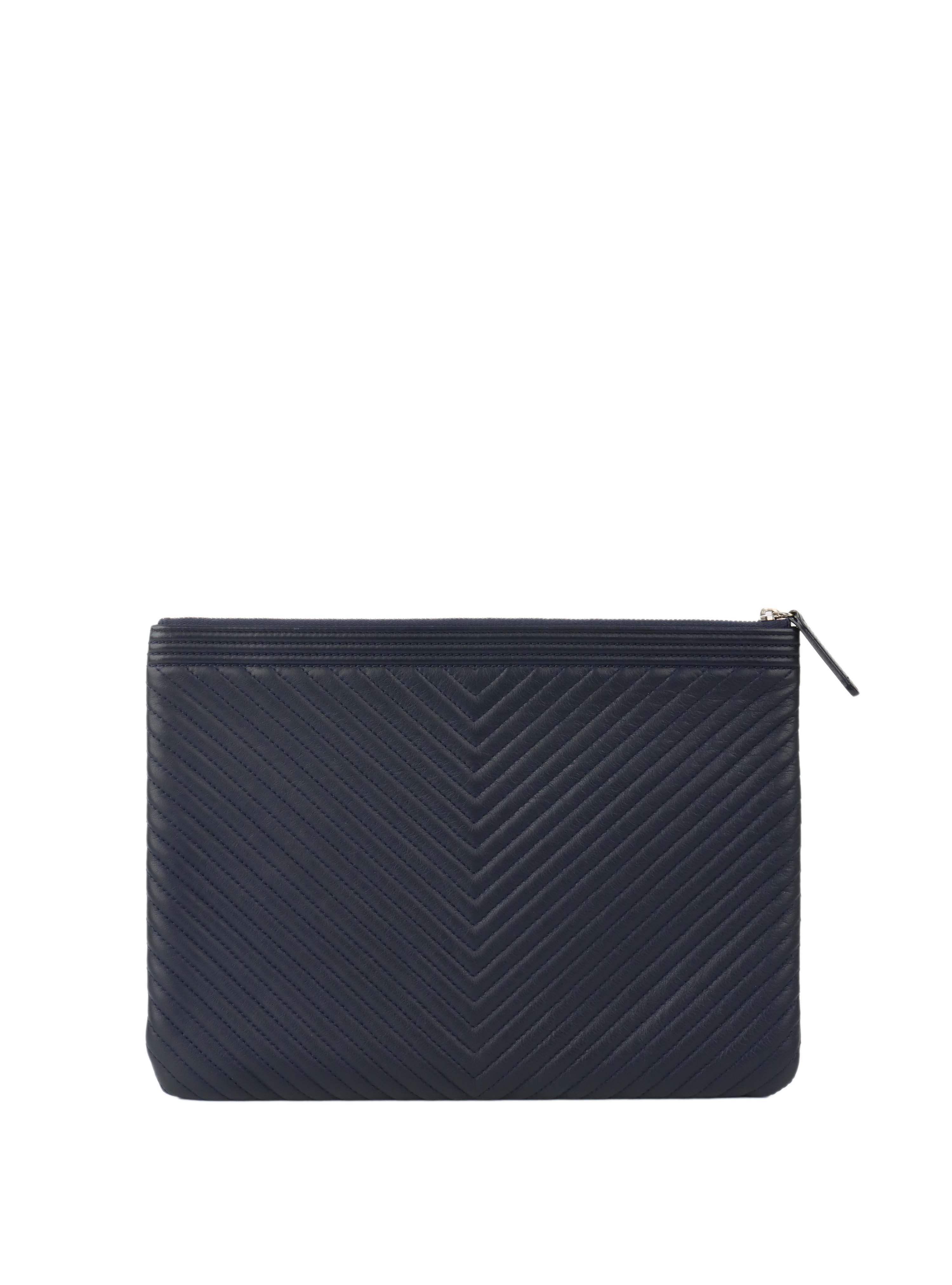 Chanel Navy Lambskin Medium Boy Chevron Pouch SHW.