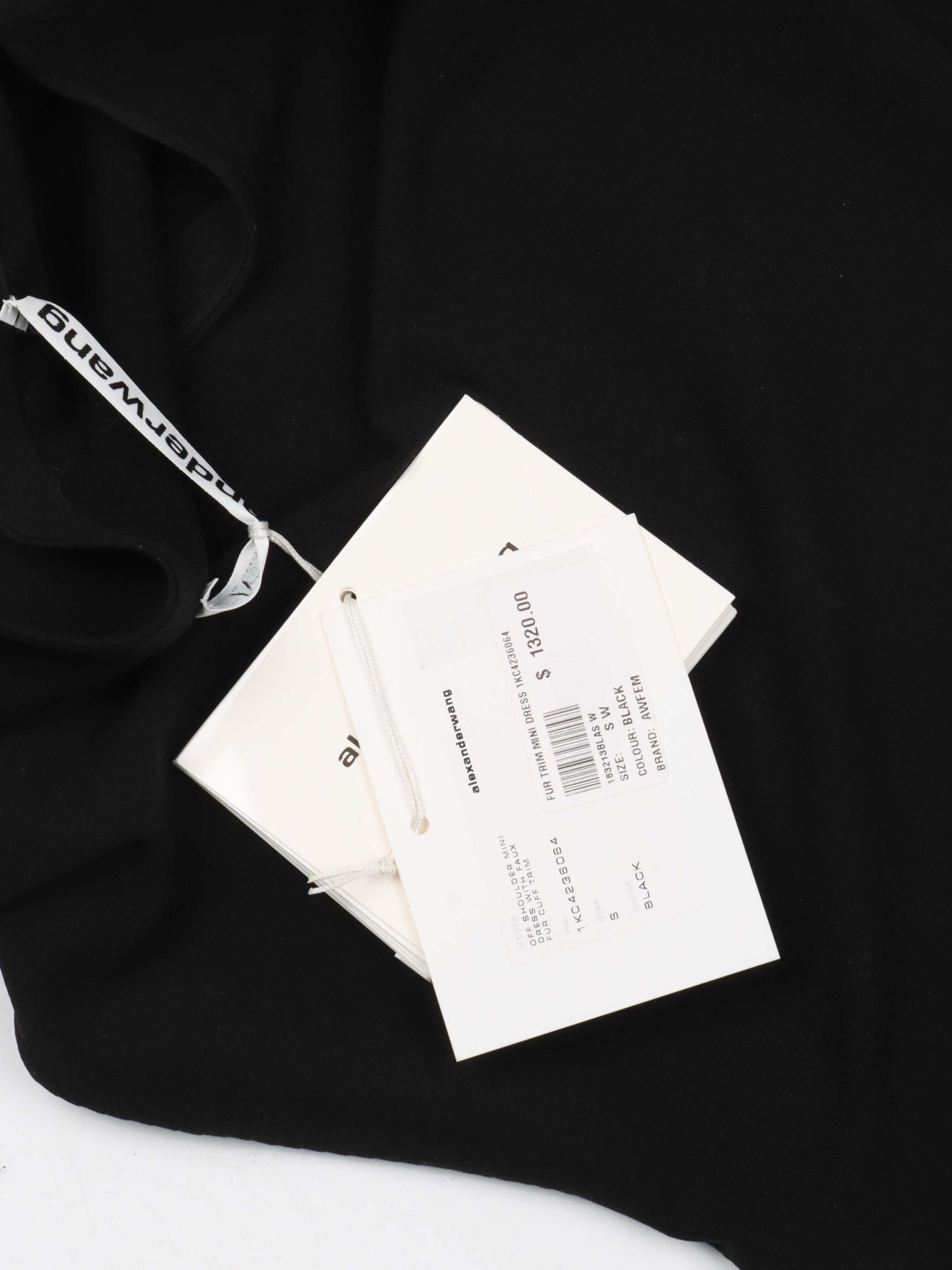 Alexander Wang Off-Shoulder Mini Dress with Faux Fur Cuff Trim.