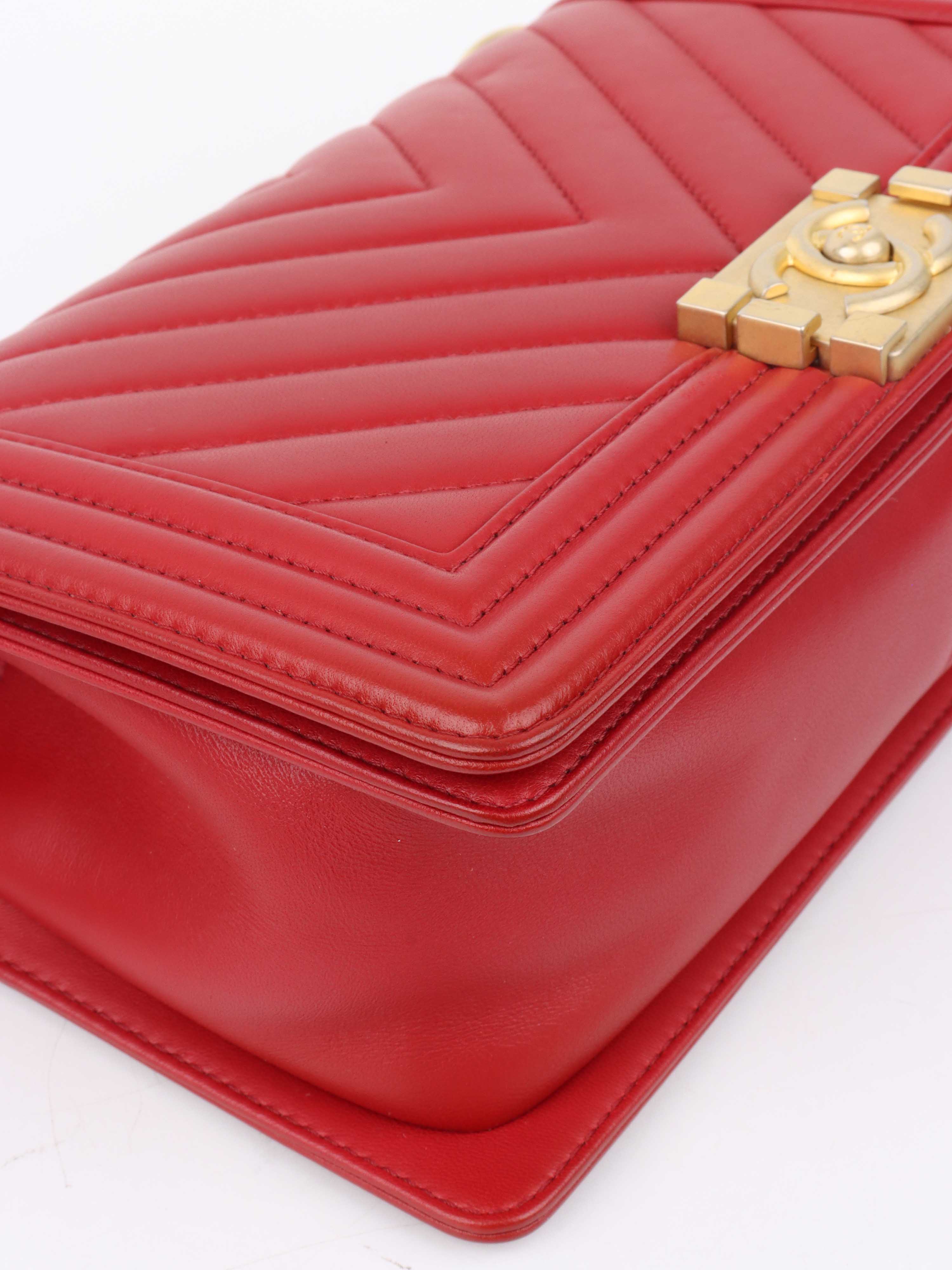 Chanel Medium Red Chevron Boy Bag in Lambskin GHW