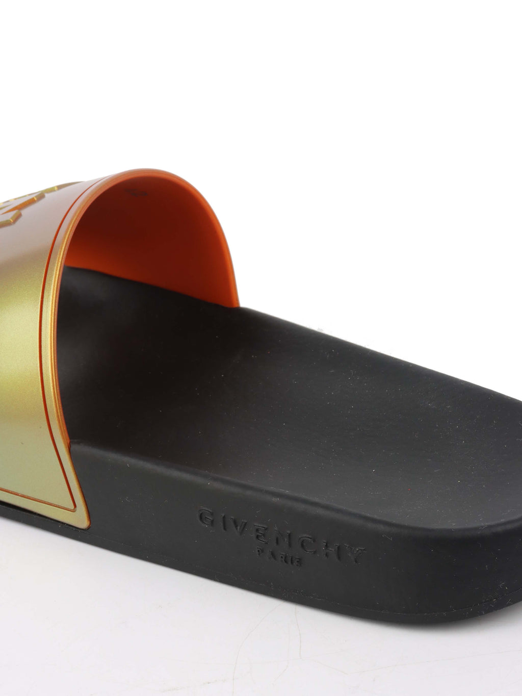 Givenchy Black/ Orange Iridescent Logo Slide Sandal.