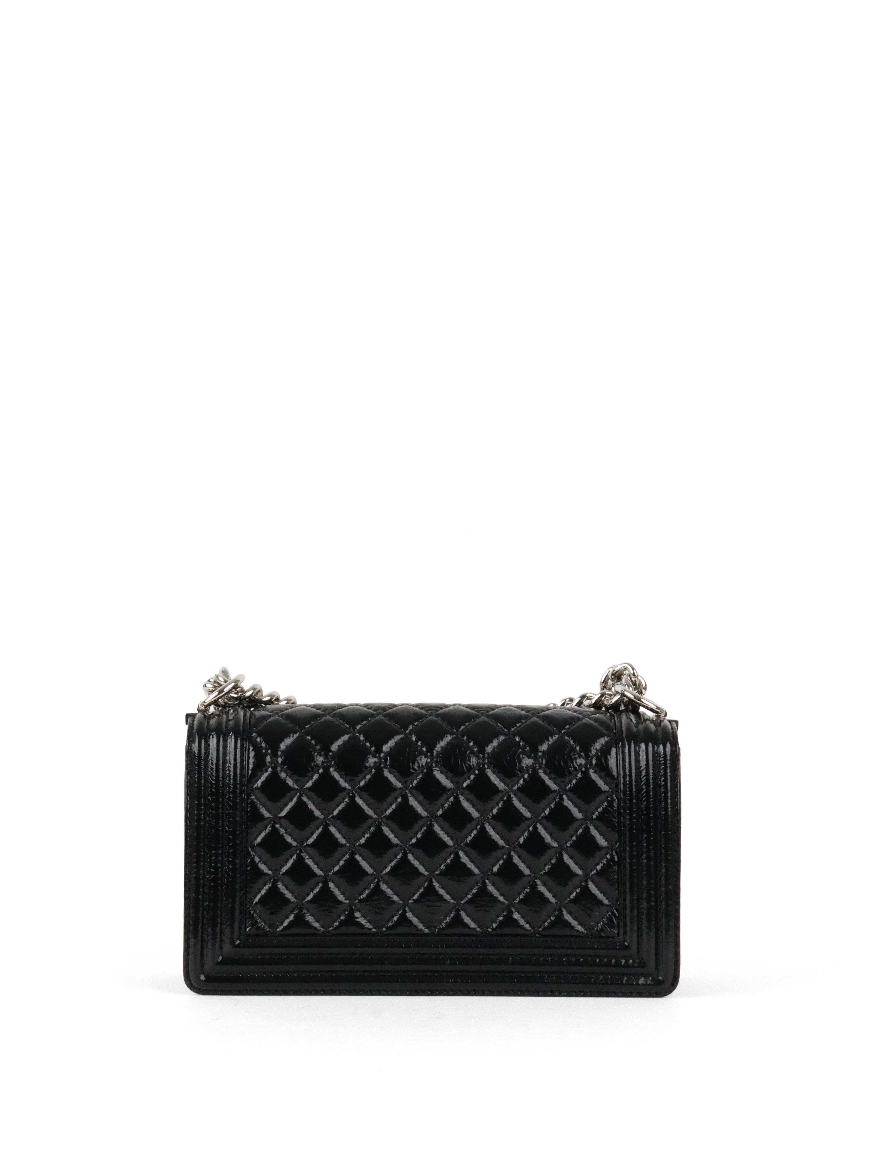 Chanel Black Crinkled Patent with Diamond Quilted Lock Medium Boy Bag