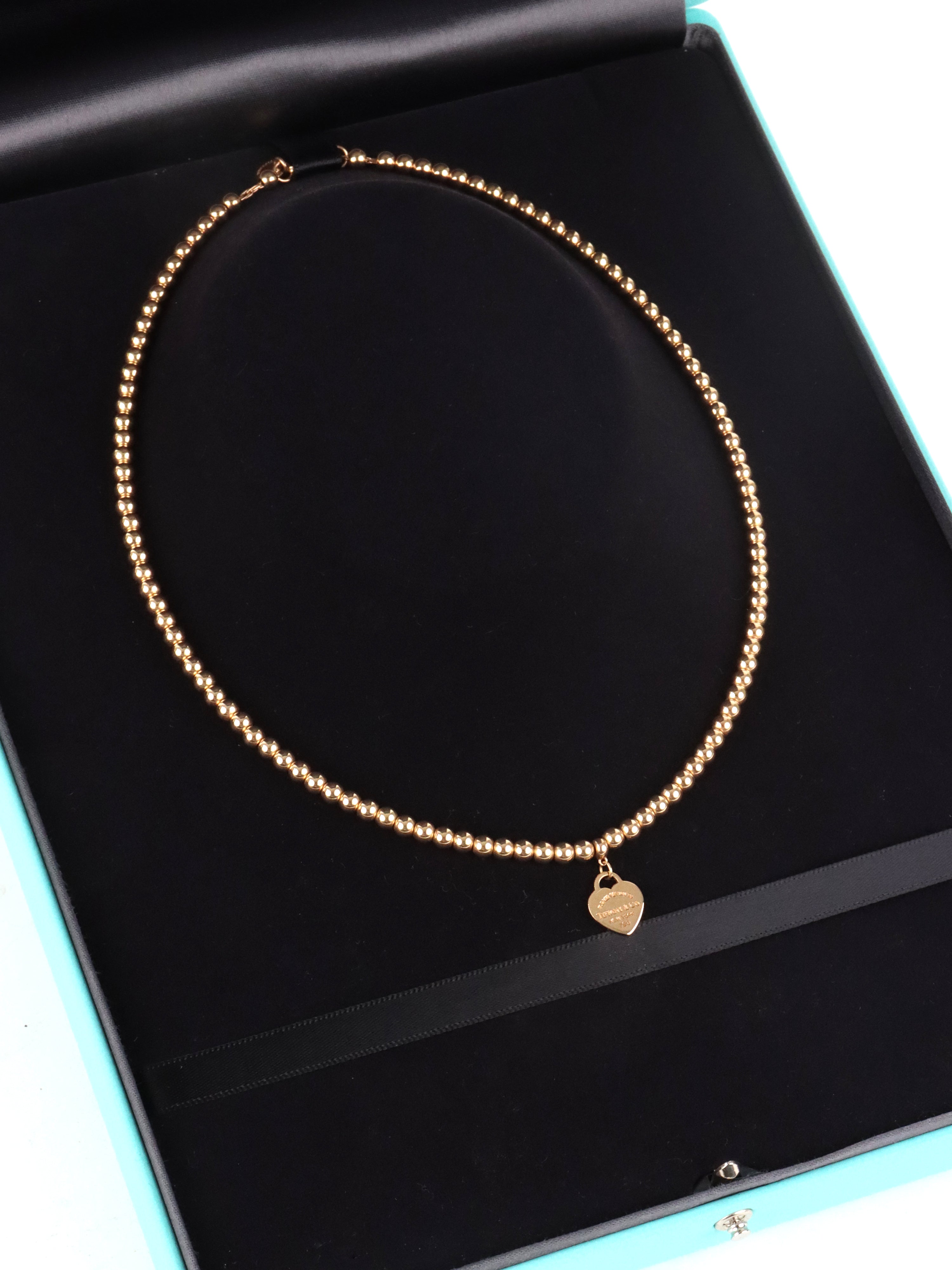 Tiffany & Co Yellow Gold Mini Heart Tag Bead Necklace