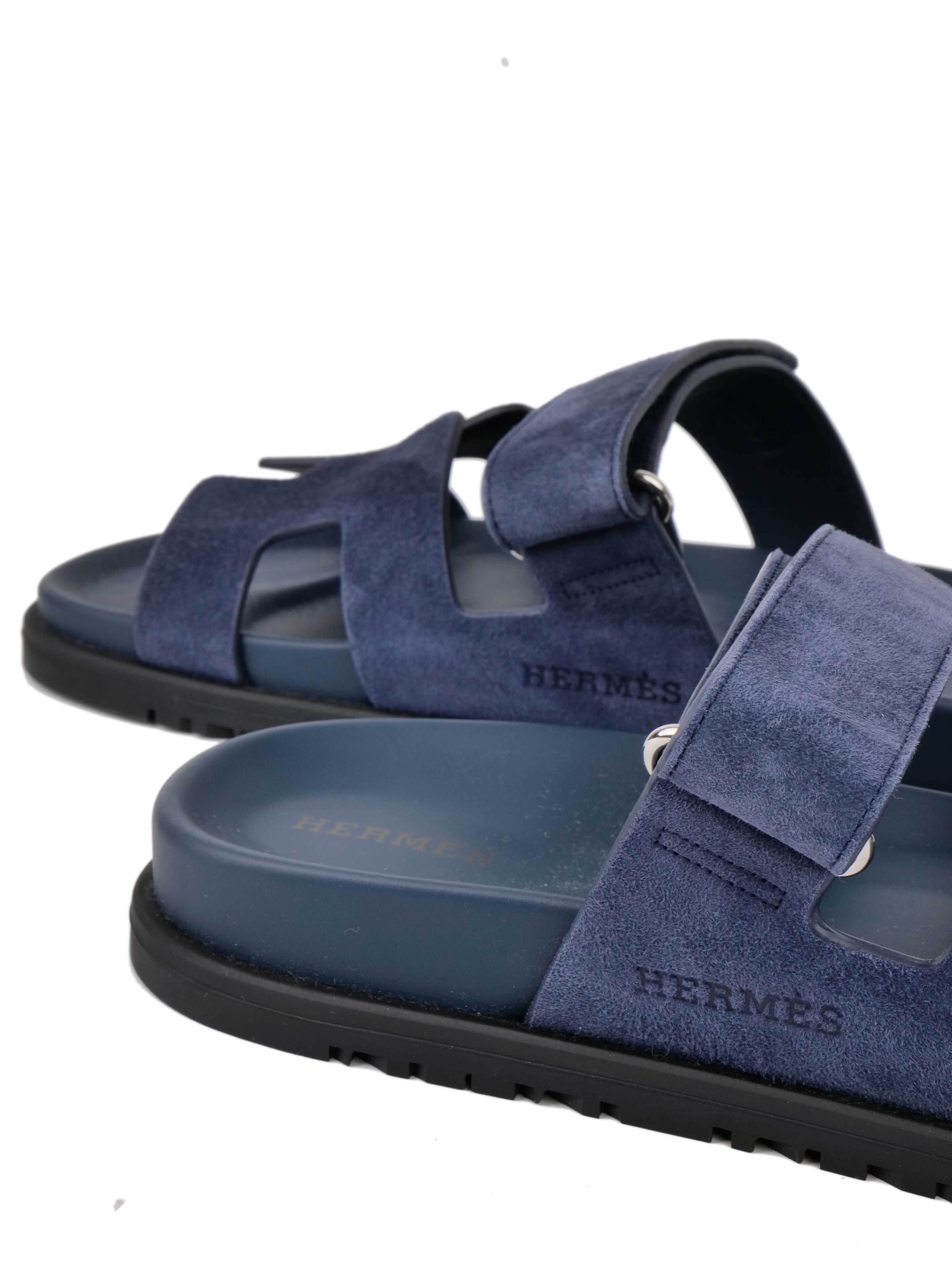 Hermes Chypre Navy Suede Sandals 37.5.