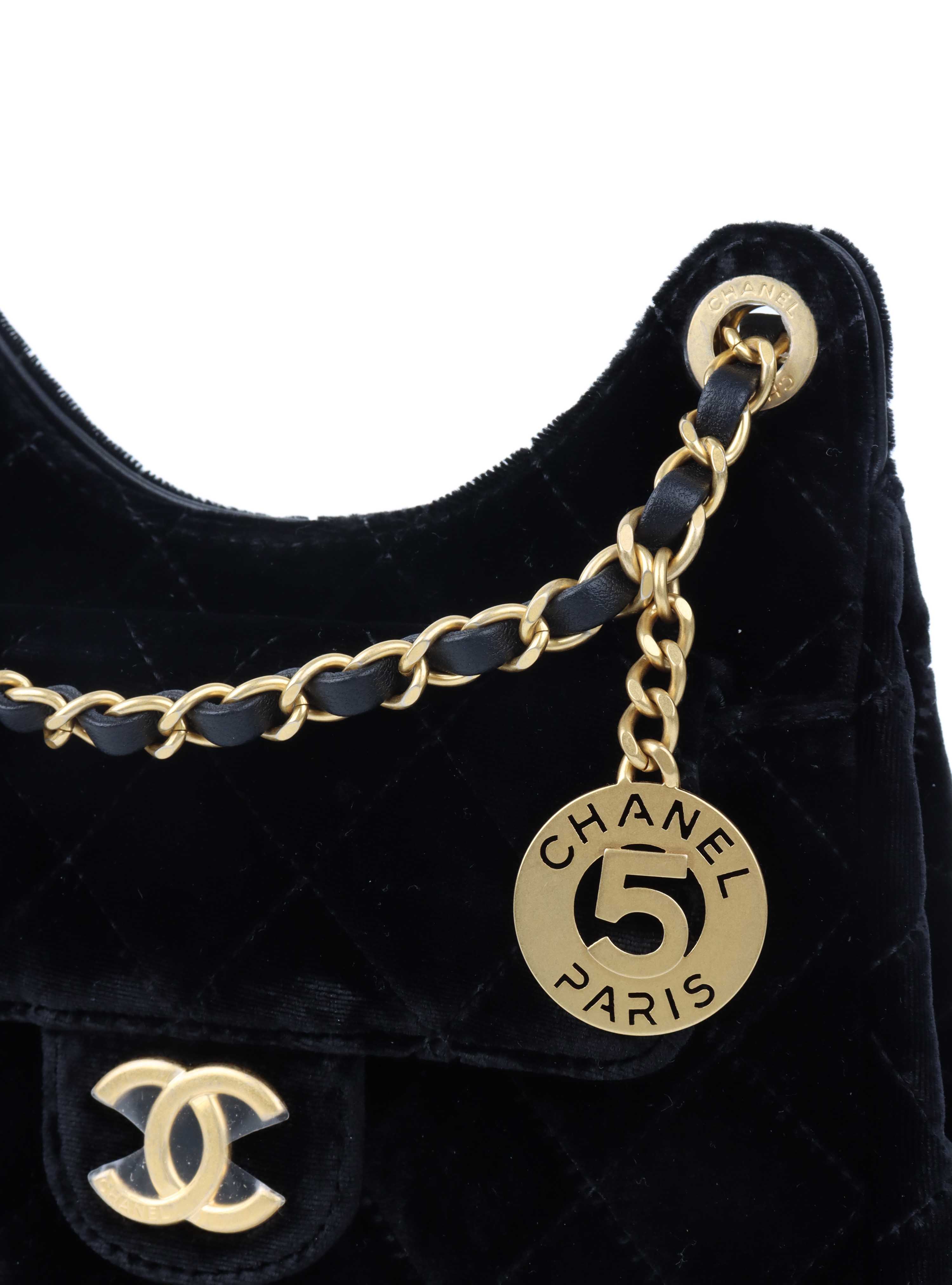 Chanel Black Small Quilted Velvet Wavy CC Hobo Bag.