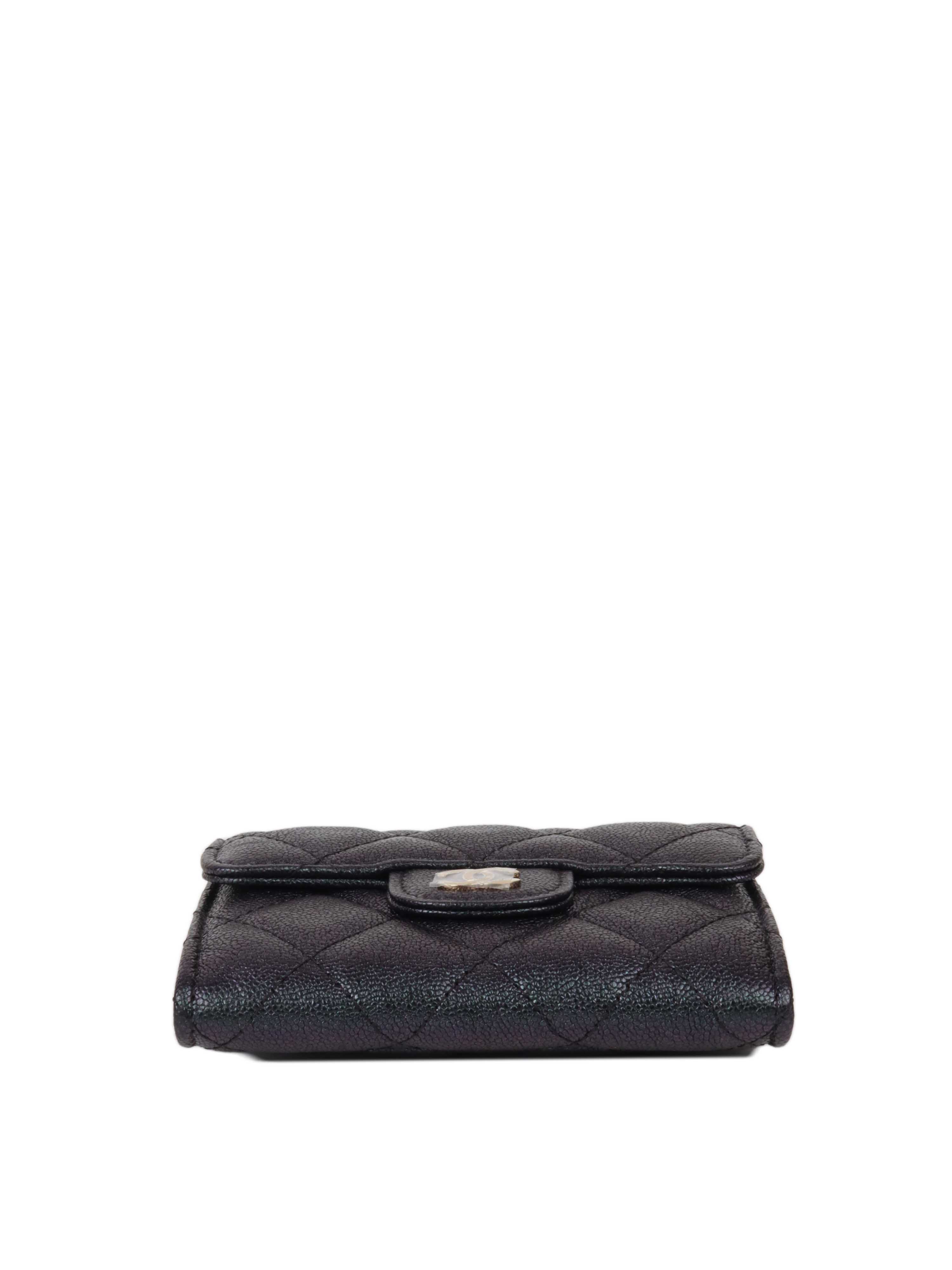 Chanel Black Iridescent Caviar Compact Wallet with SHW.