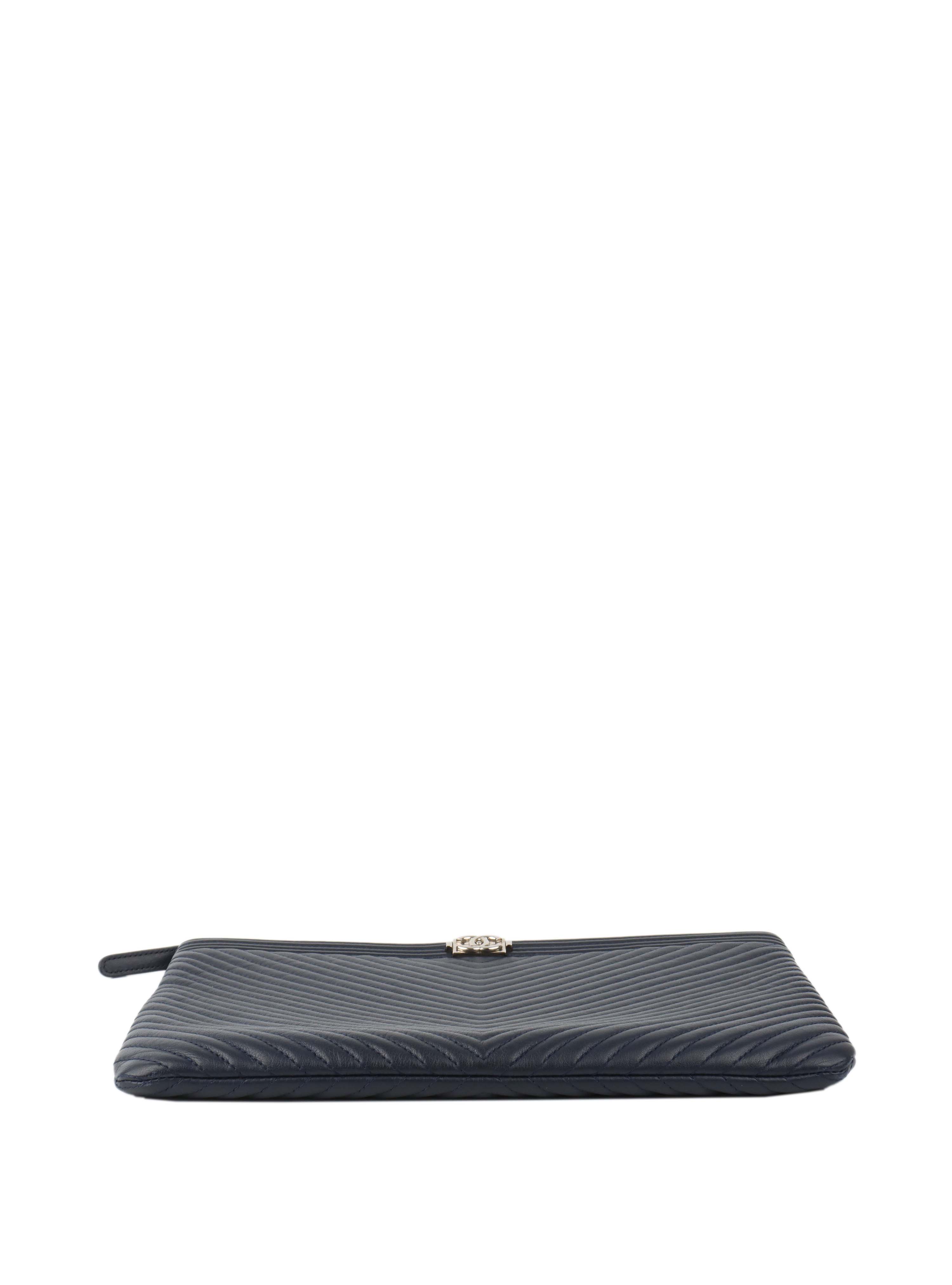 Chanel Navy Lambskin Medium Boy Chevron Pouch SHW.
