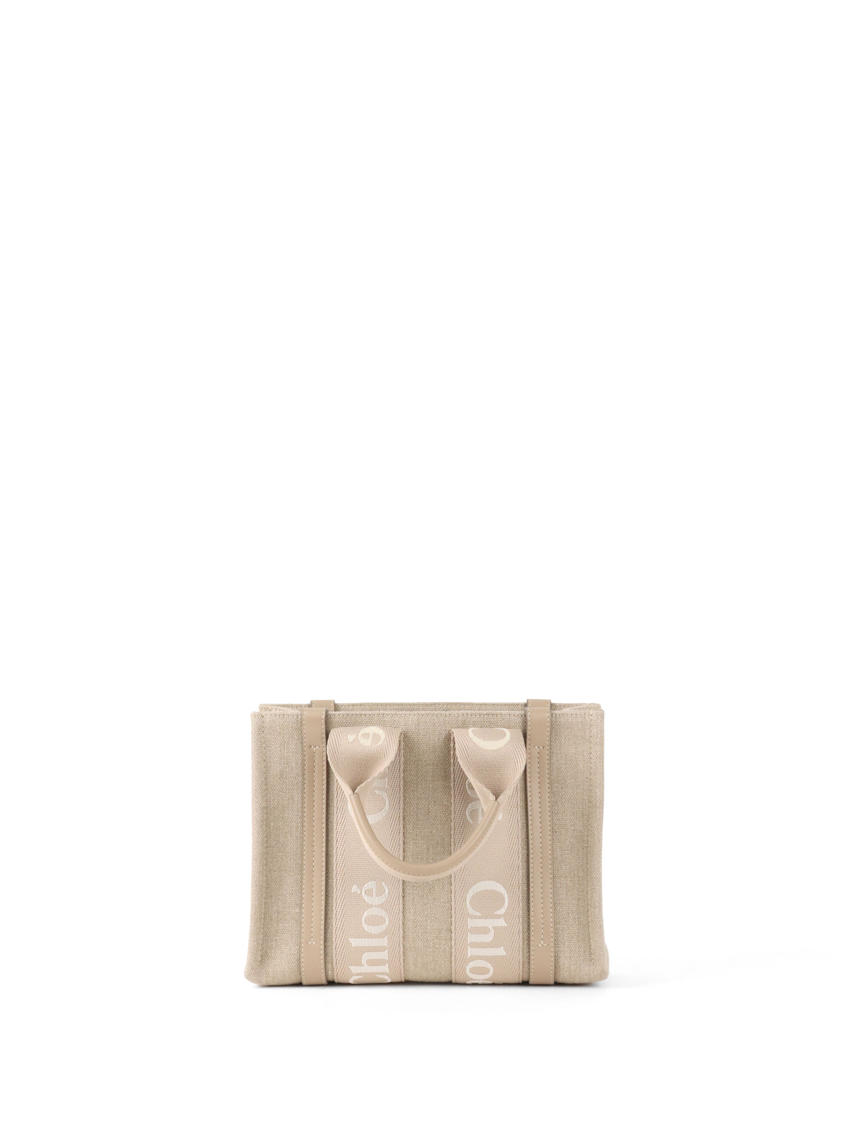 Chloe Neutral Small Woody Linen Tote Bag
