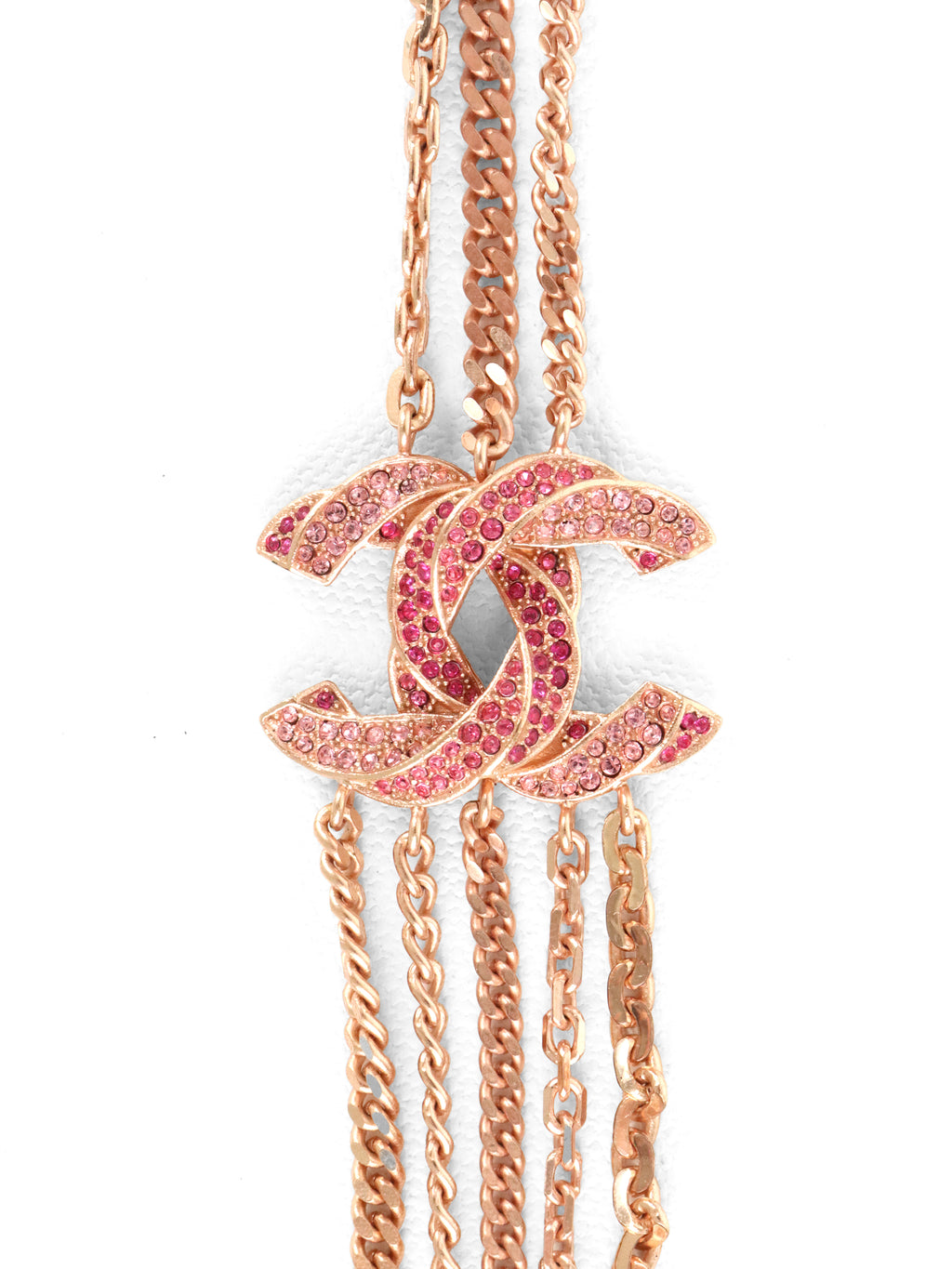 Chanel B16C CC Rose Gold Pink Crystal Long Chain Necklace