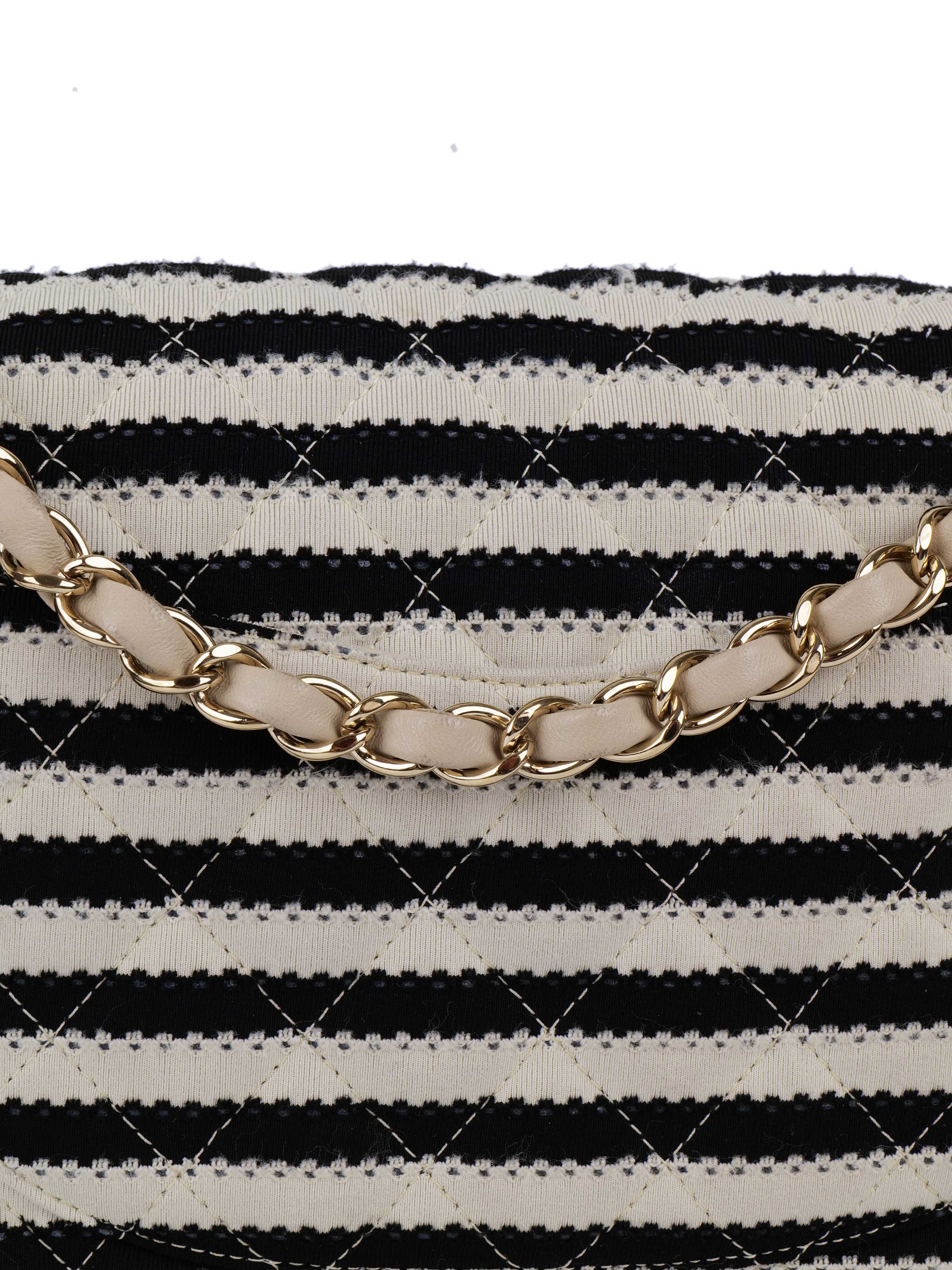 Chanel White & Black Striped Classic Flap with Pearl & Chain Strap.