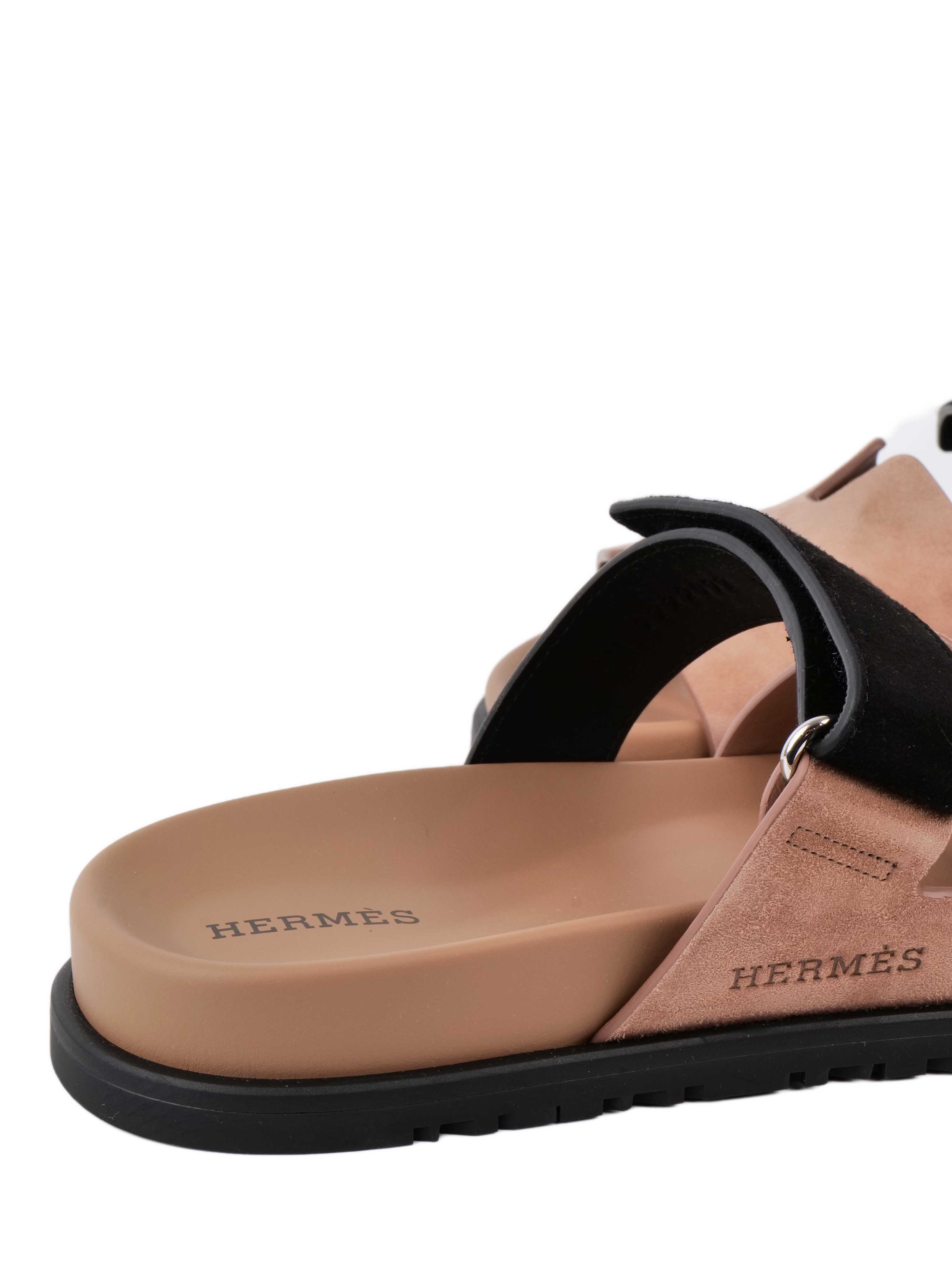 Hermes Chypre Sandals in Suede Rose Perle Noir 37.5.