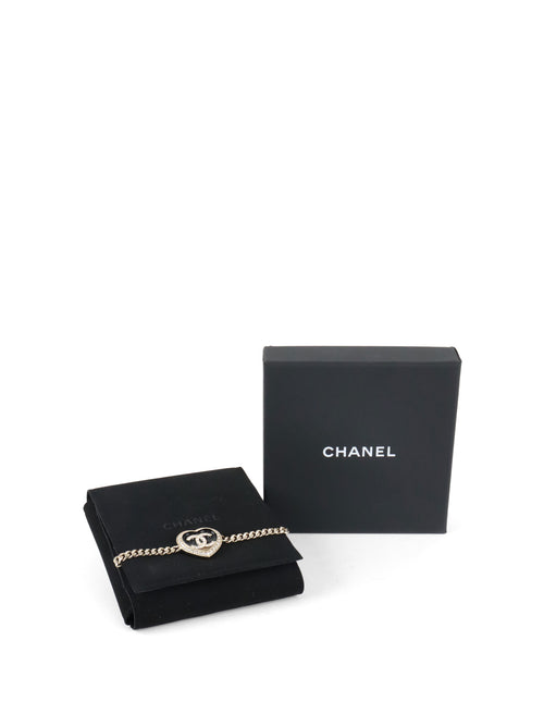 Chanel Black & Gold Crystals CC Heart Charm Bracelet