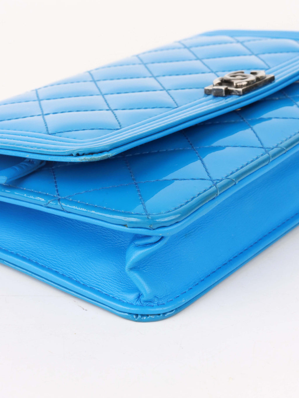 Chanel Bright Blue Patent Leather Le Boy Wallet on Chain.