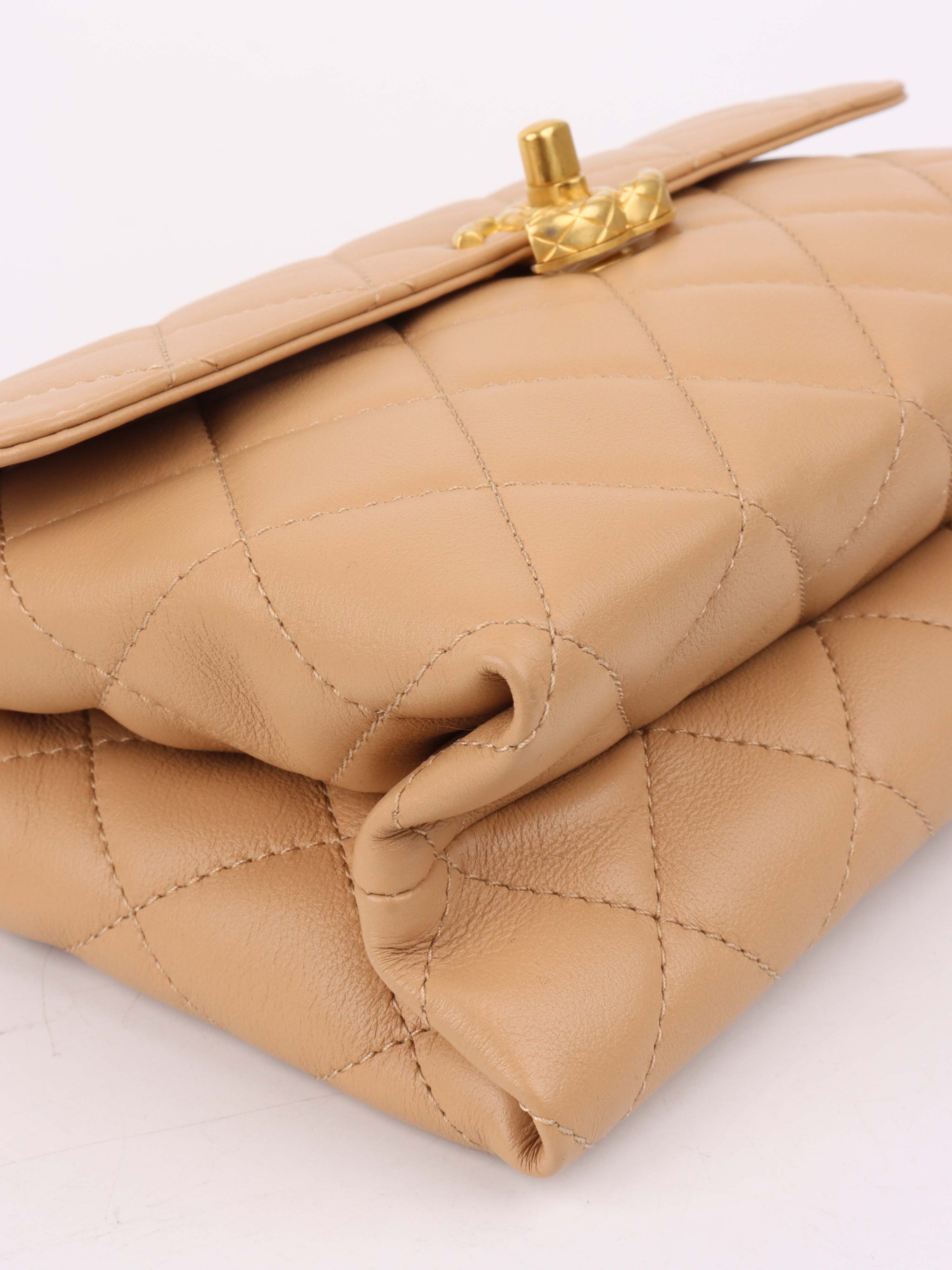 Chanel Beige Woven Chain Link Handle Flap Bag.