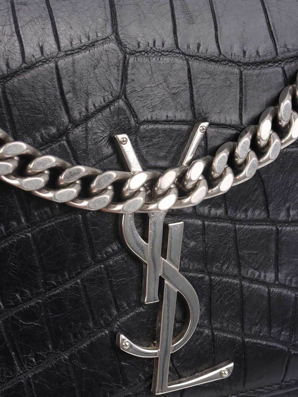 Saint Laurent Black Crocodile Embossed Chain Top Handle Kate Bag.
