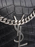 Saint Laurent Black Crocodile Embossed Chain Top Handle Kate Bag.