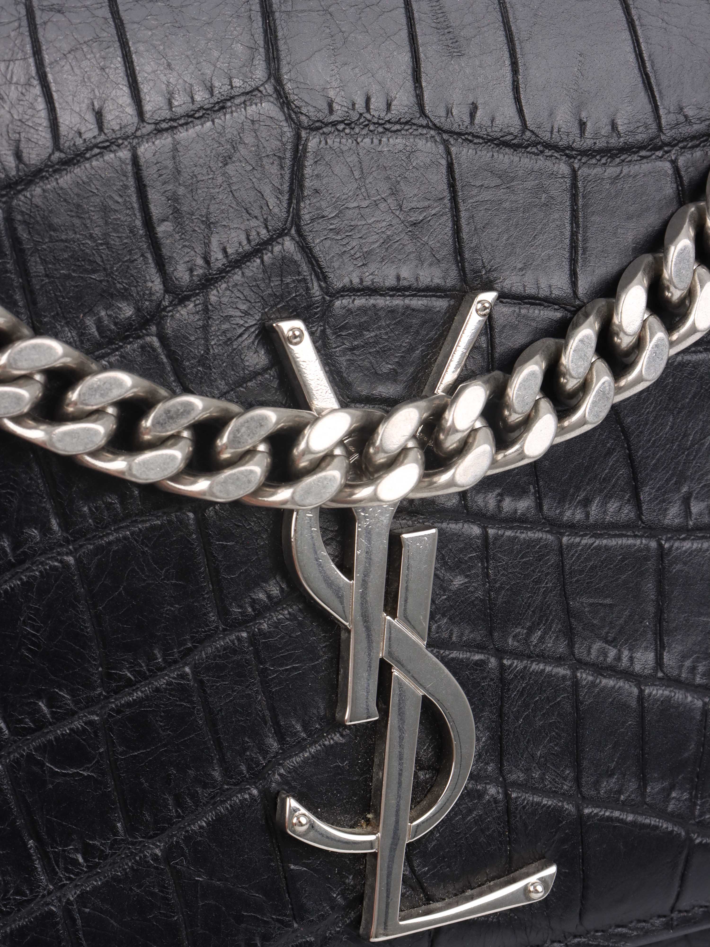 Saint Laurent Black Crocodile Embossed Chain Top Handle Kate Bag.