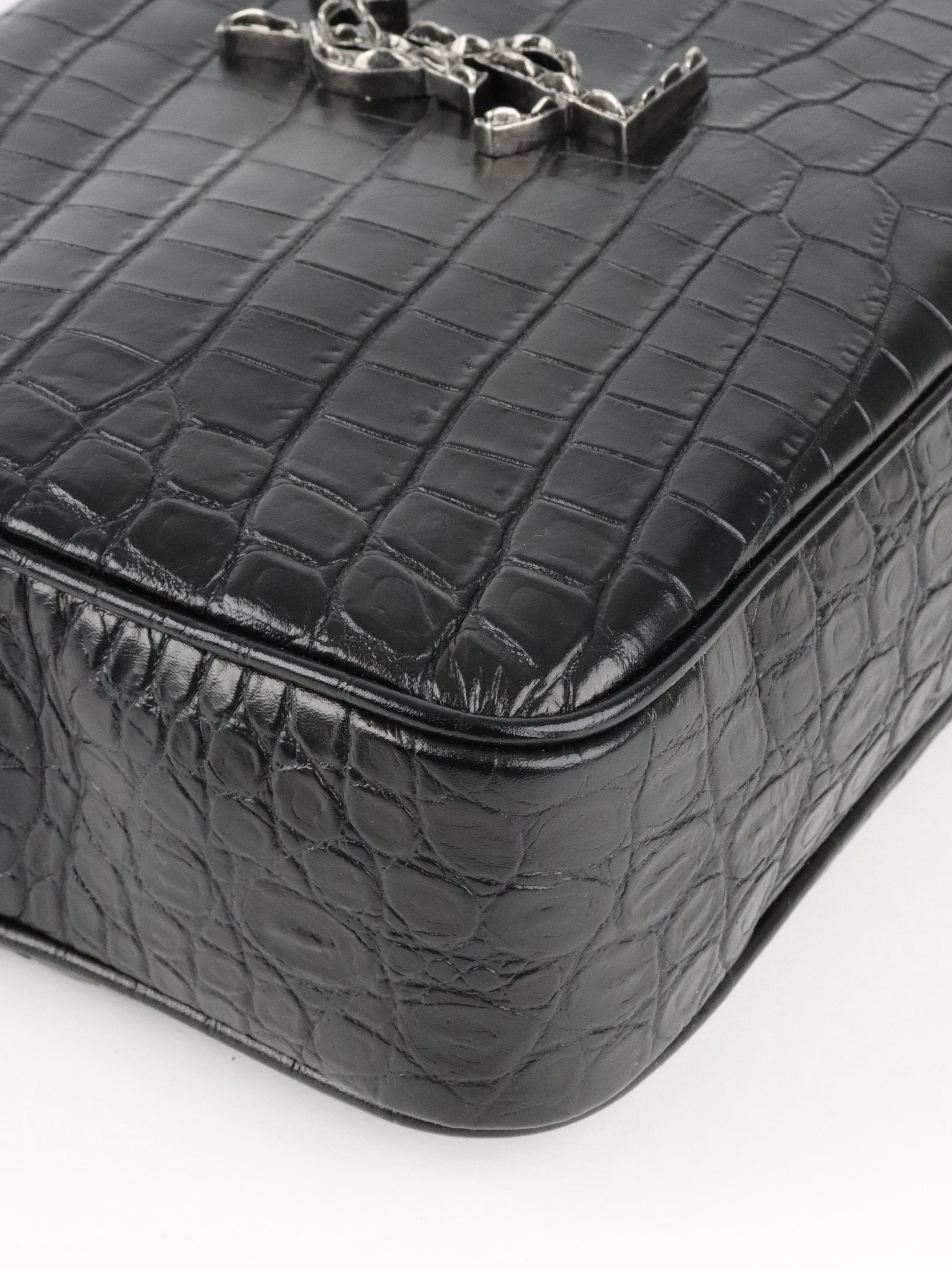 Saint Laurent Black Croc Embossed Camera Lou Bag